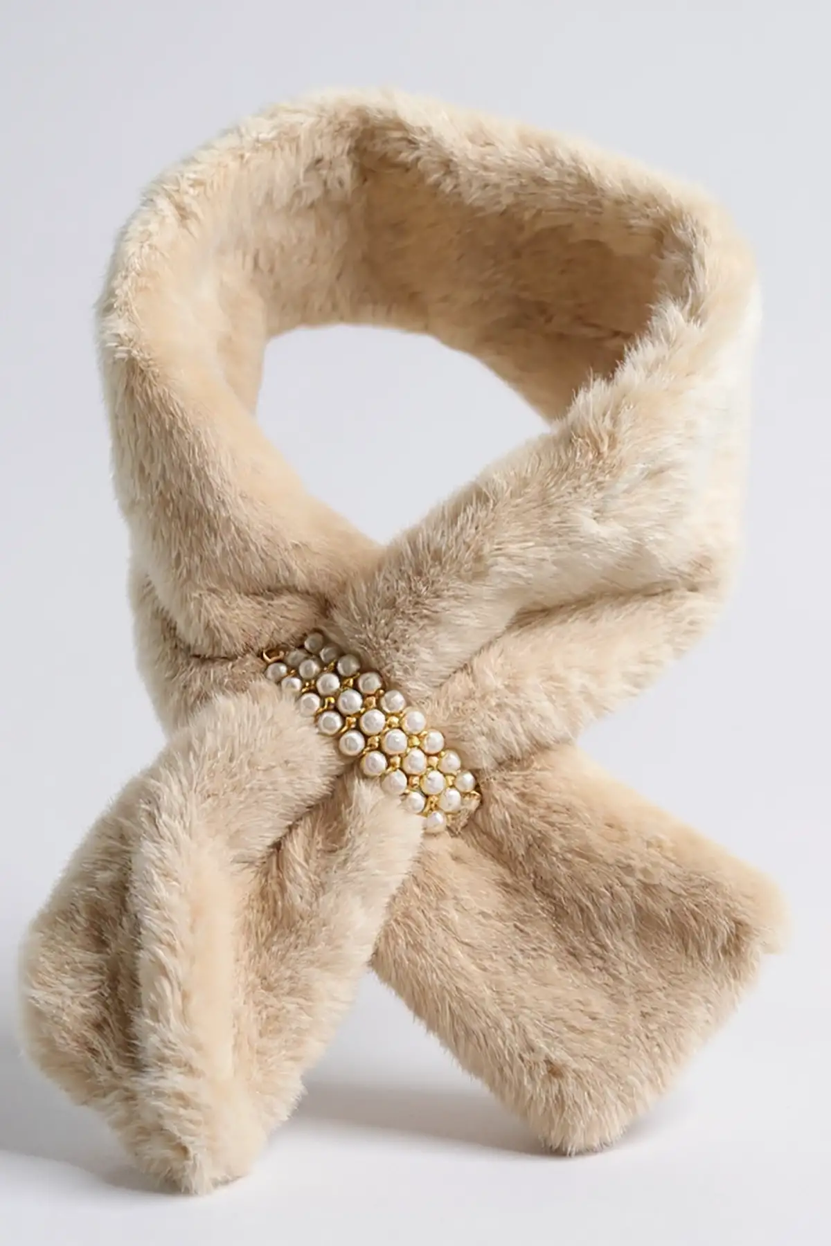 Kahve Renk İnci Detaylı Çocuk Peluş Atkı