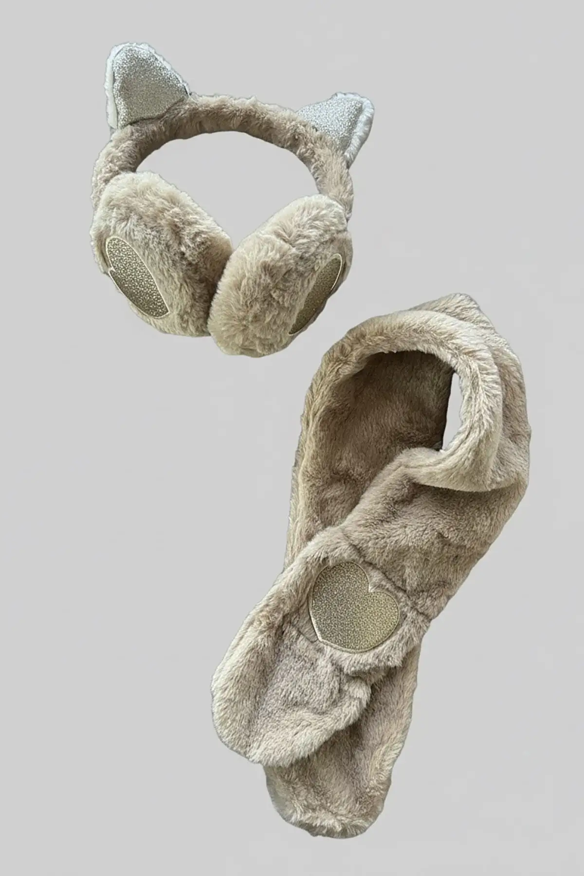 Kahve Renk Kalp Detaylı Peluş Atkı Ve Kulaklık Set