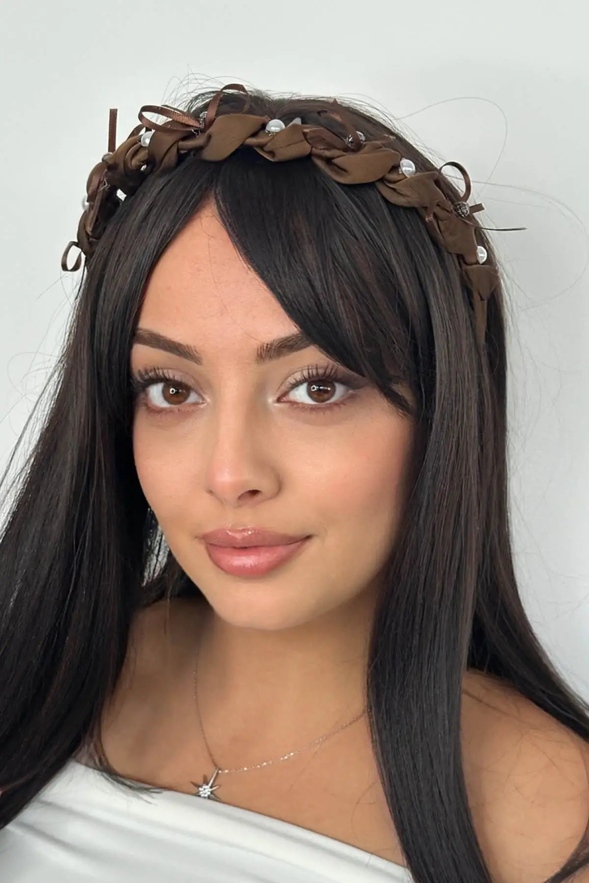 Kahve Renk Taş Ve İnci Detaylı Taraklı Taç