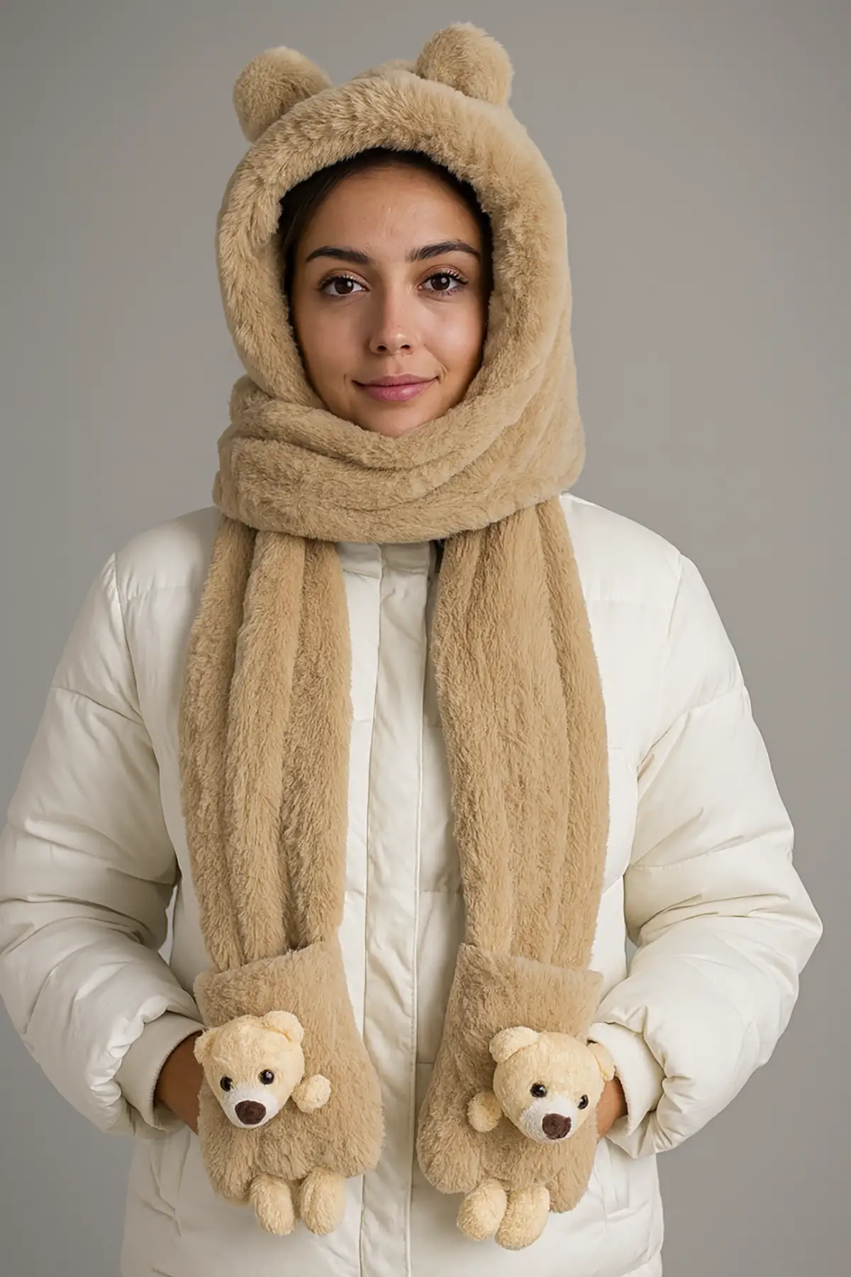 Kahverengi Ayıcık Figürlü Rüzgar Geçirmez Peluş Bere Atkı Eldiven
