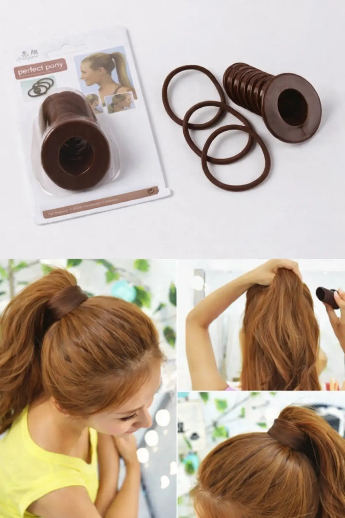 Kahverengi Hacimli At Kuyruğu Yapma Aparatı Ve Lastik Toka Set