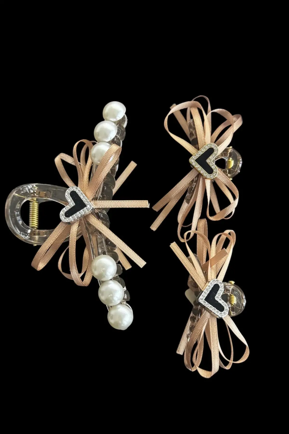 Kahverengi Kalp Figürlü İnci Detaylı 3lü Mandal Toka Set