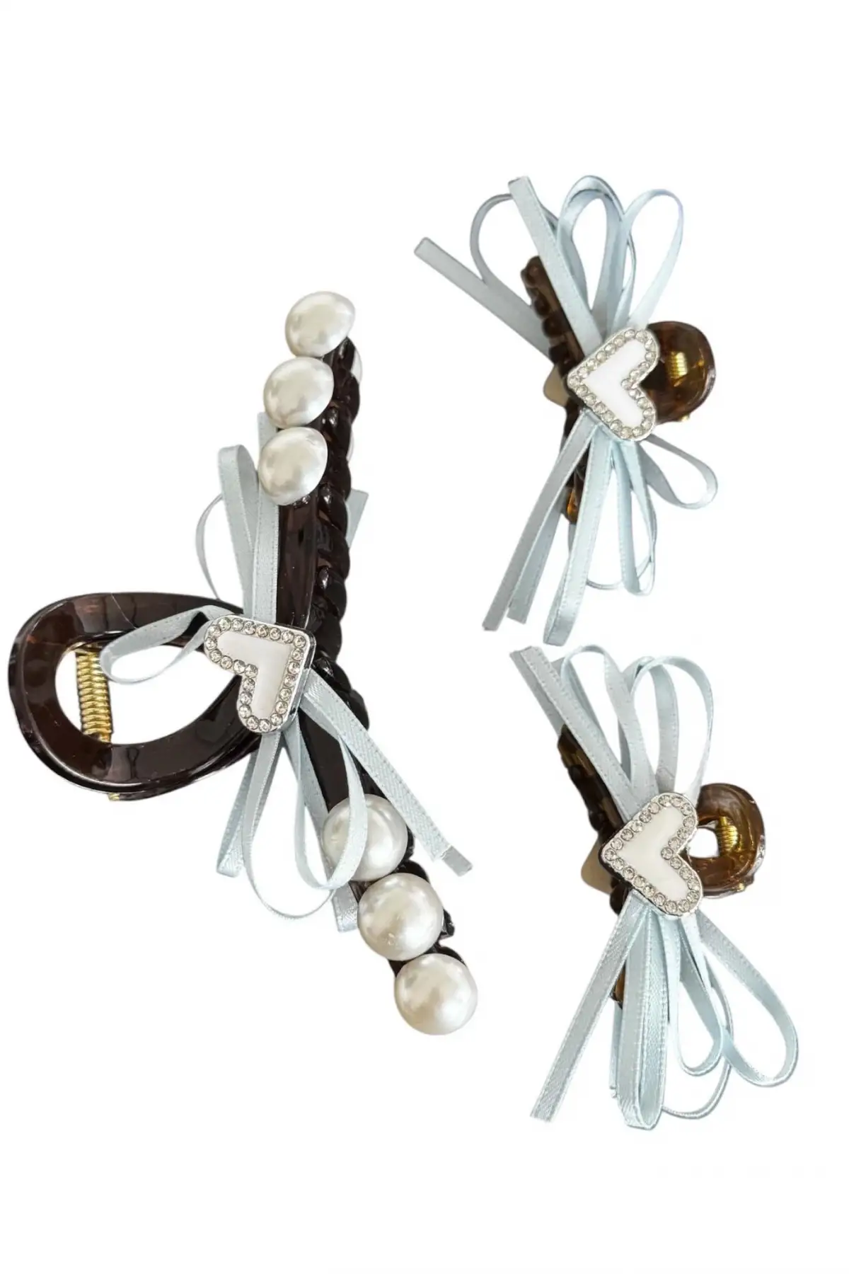 Kahverengi Kalp Figürlü İnci Detaylı 3lü Mandal Toka Set