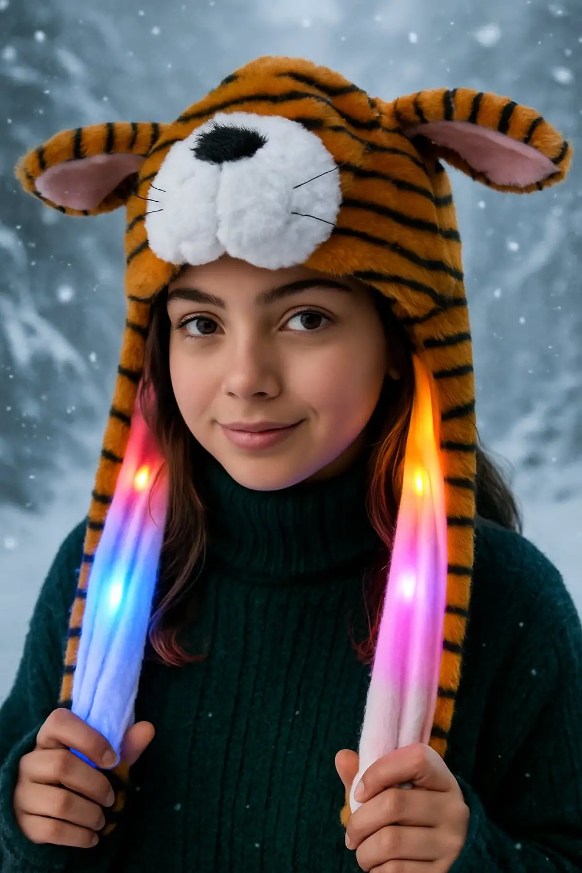 Kahverengi Kaplan Figürlü Işıklı Kulakları Oynayan Peluş Şapka