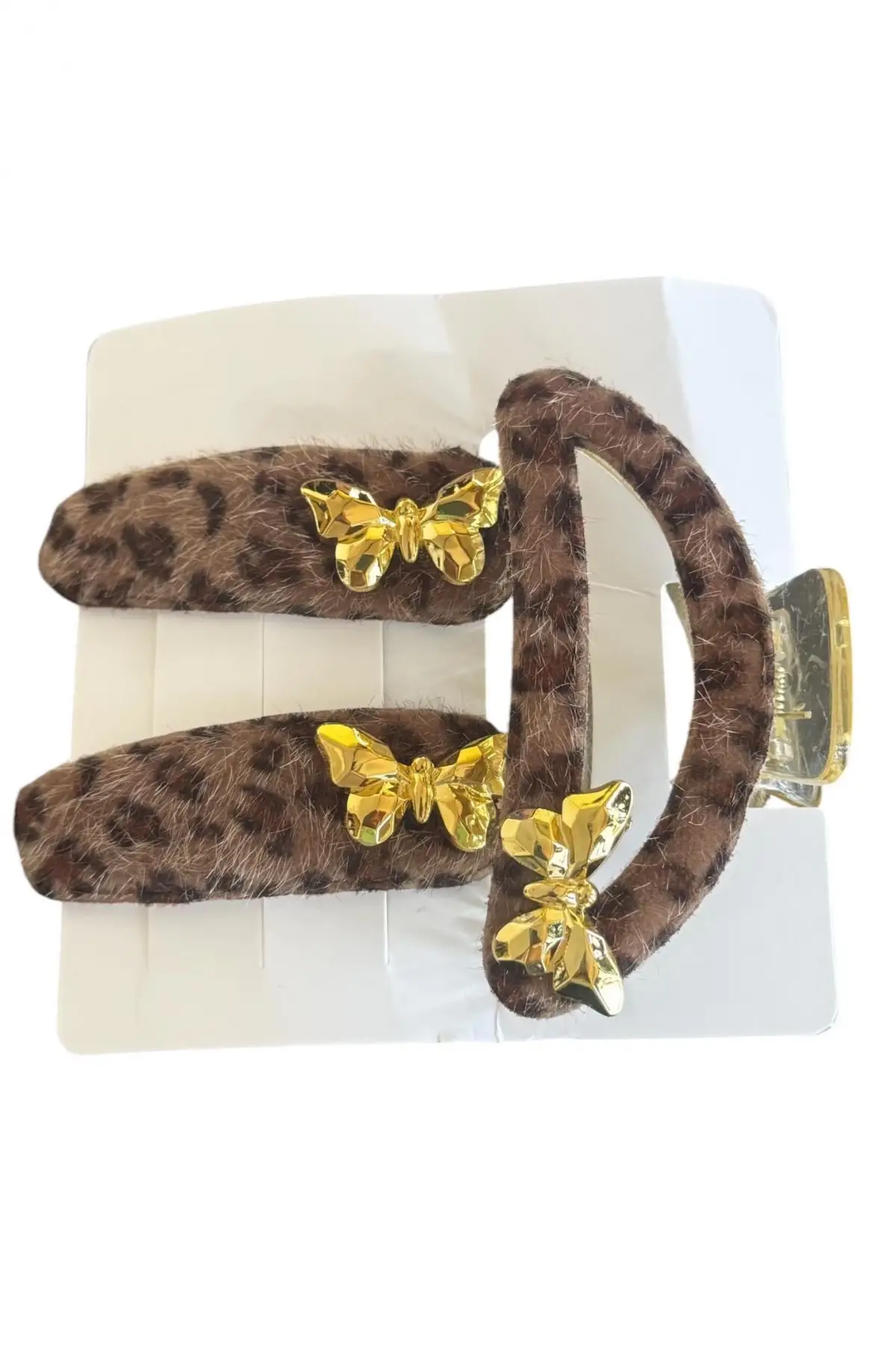Kahverengi Kelebek Figürlü Leopar Desenli Mandal Toka Ve Yan Toka Set