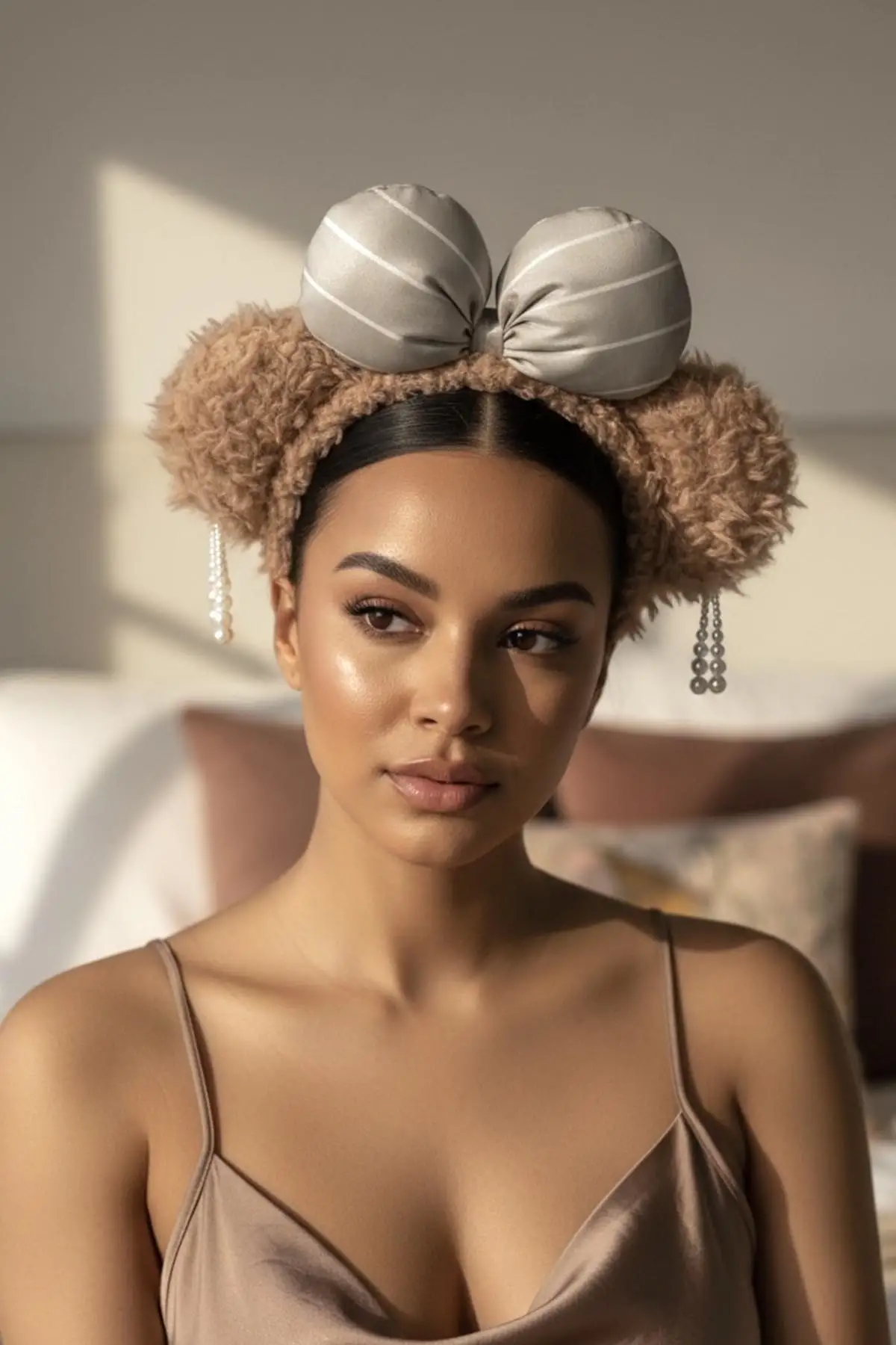 Kahverengi Kurdele Detaylı İnci Sallantılı Peluş Taç