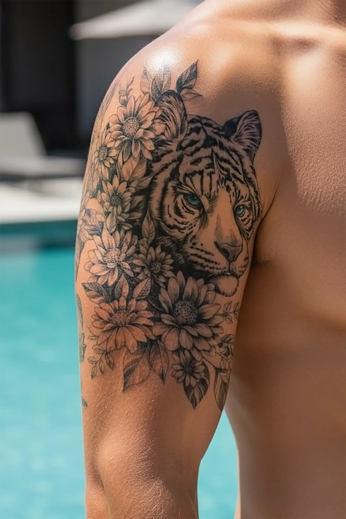 Kaplan Ve Çiçek Figürlü Geçici Dövme Tattoo