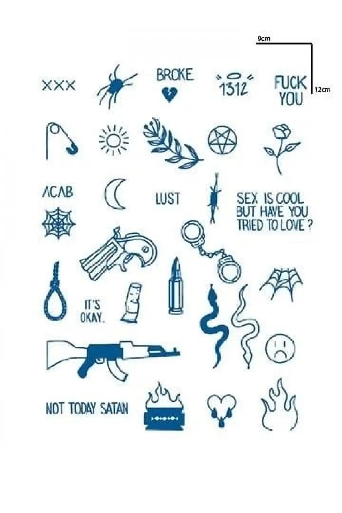 Karışık Figürlü 12 Saat Sonra Kararan Geçici Dövme Tattoo