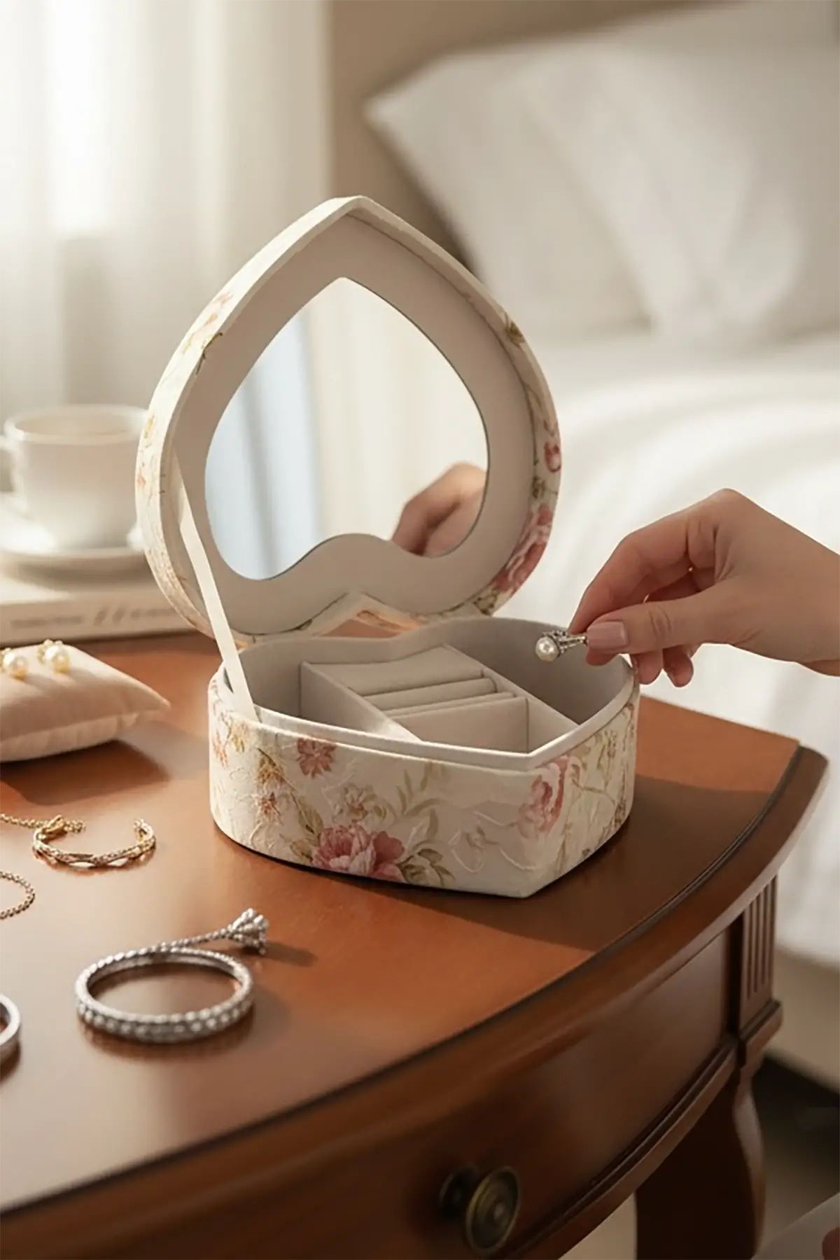 Karışık Renk Çiçek Figürlü Ayna Detaylı Çekmeceli Takı Organizeri