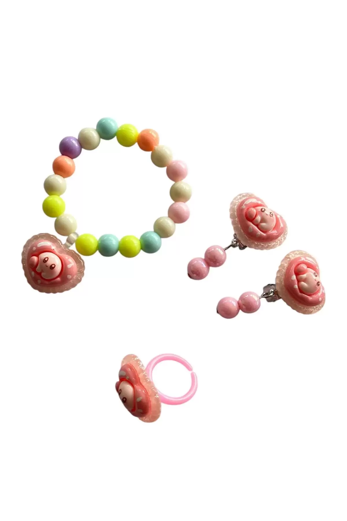 Karışık Renk Çocuk Sıkıştırmalı Küpe/ Bileklik/ Yüzük Set