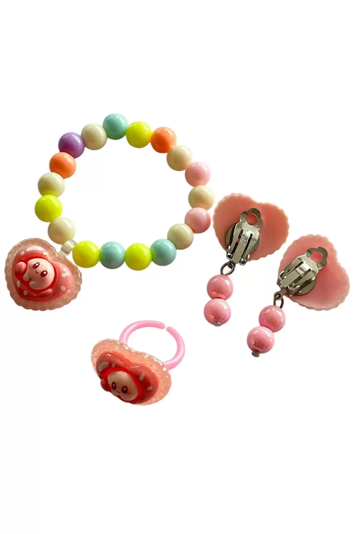 Karışık Renk Çocuk Sıkıştırmalı Küpe/ Bileklik/ Yüzük Set