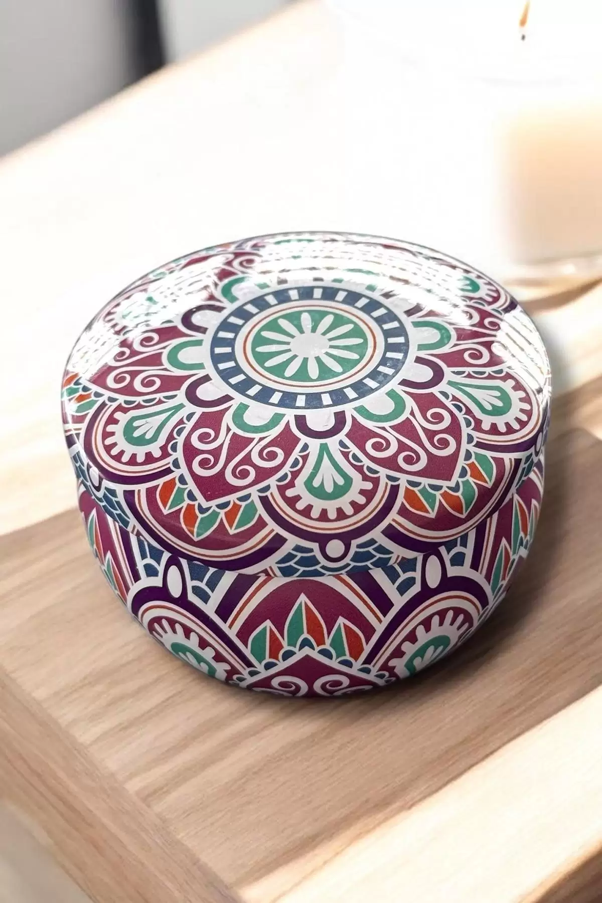 Karışık Renk Etnik Desenli Kuru Çiçek Detaylı Kutulu Kokulu Dekoratif Mum