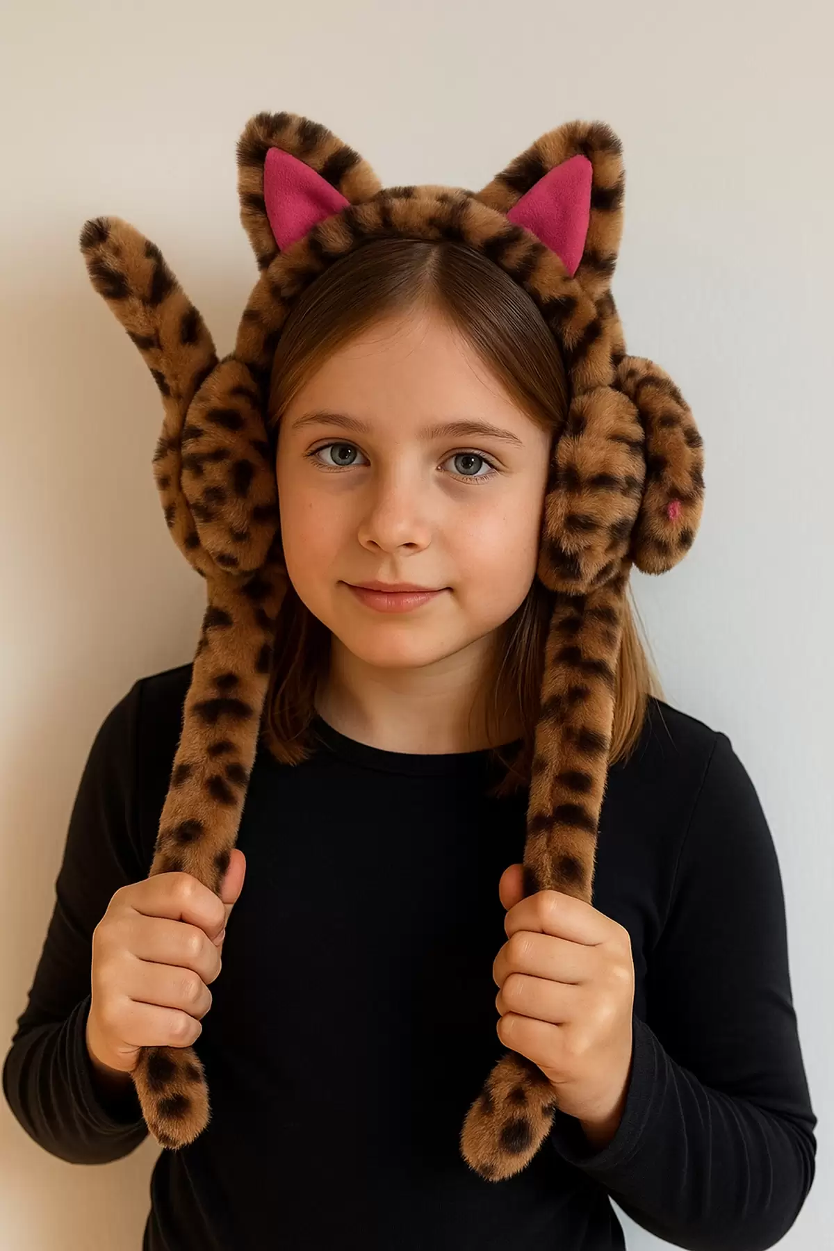 Karışık Renk Kulak Figürlü Leopar Desenli Kulakları Oynayan Peluş Kulaklık