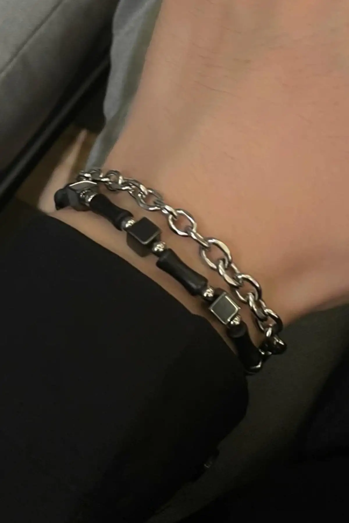 Karışık Renk Zincir Ve Boncuk Detaylı Çelik Erkek Bileklik