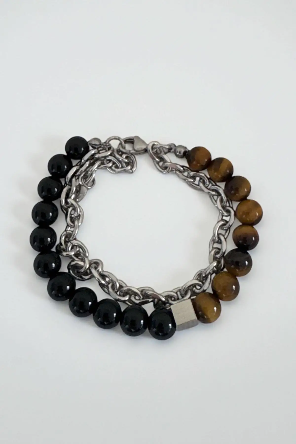 Karışık Renk Zincir Ve Boncuk Detaylı Çelik Erkek Bileklik