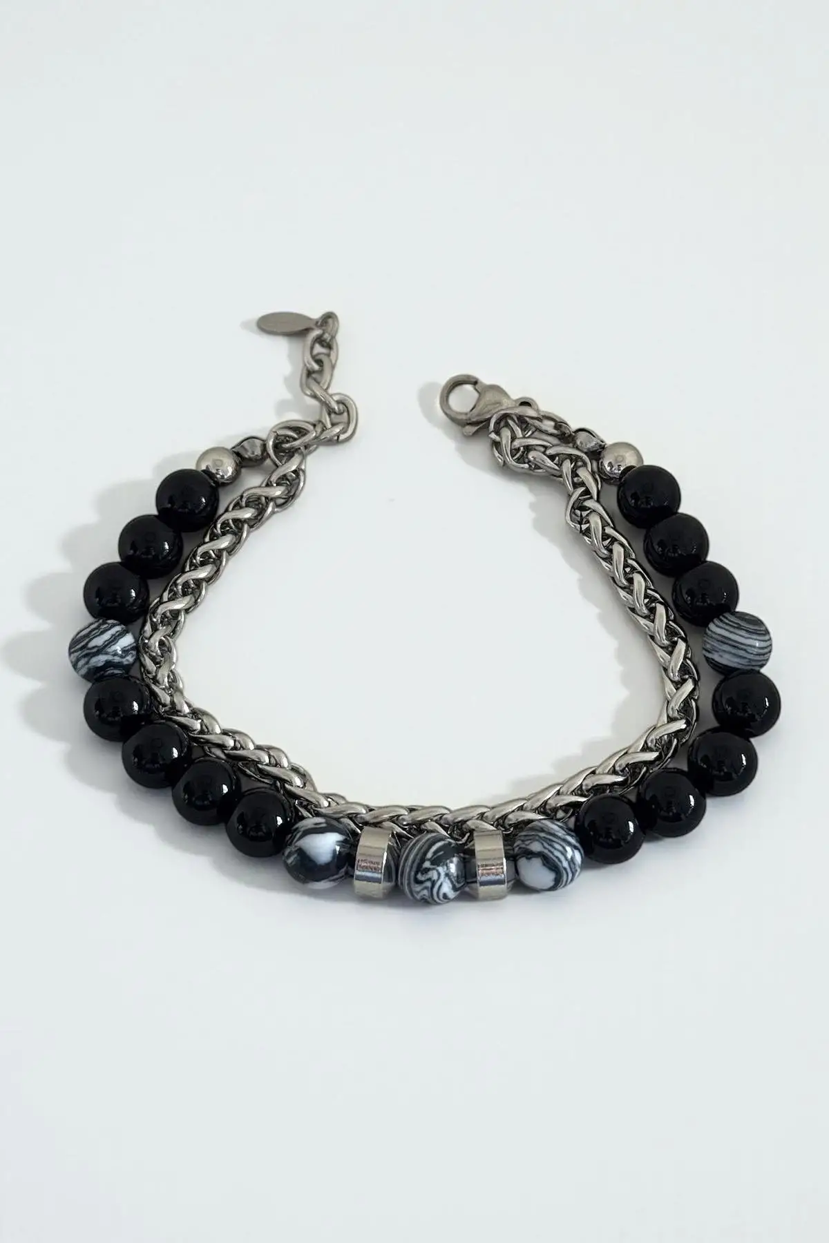 Karışık Renk Zincir Ve Boncuk Detaylı Çelik Erkek Bileklik