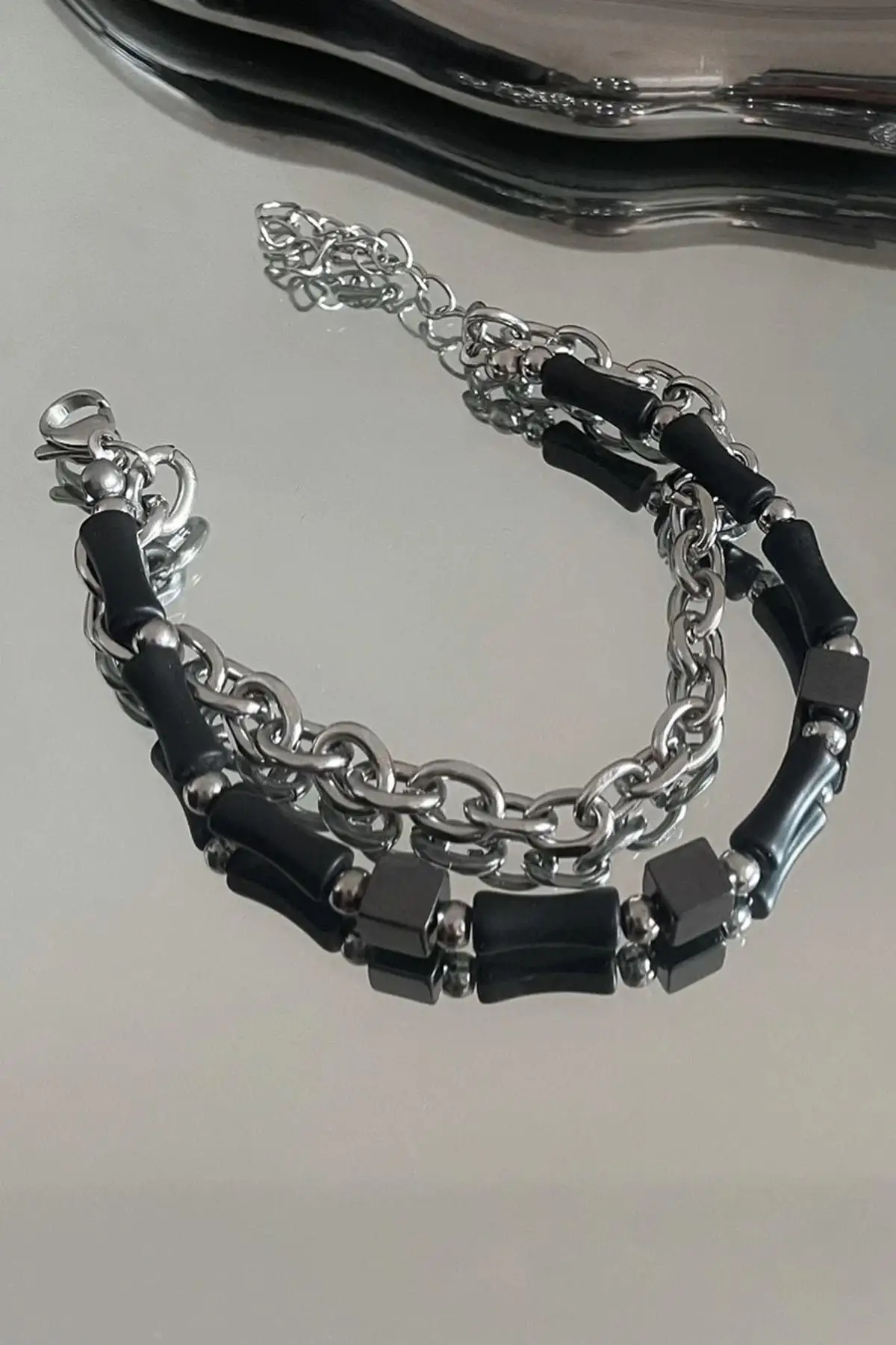 Karışık Renk Zincir Ve Boncuk Detaylı Çelik Erkek Bileklik