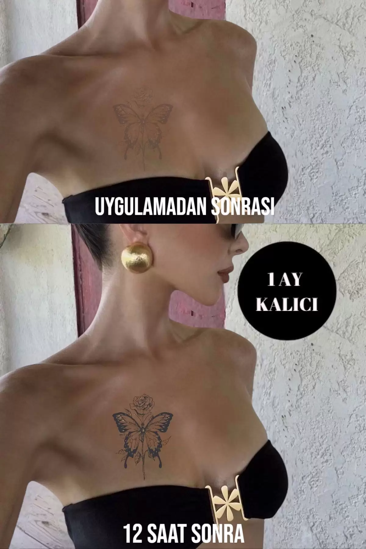 Kelebek Ve Gül Figürlü 12 Saat Sonra Kararan Geçici Dövme Tattoo