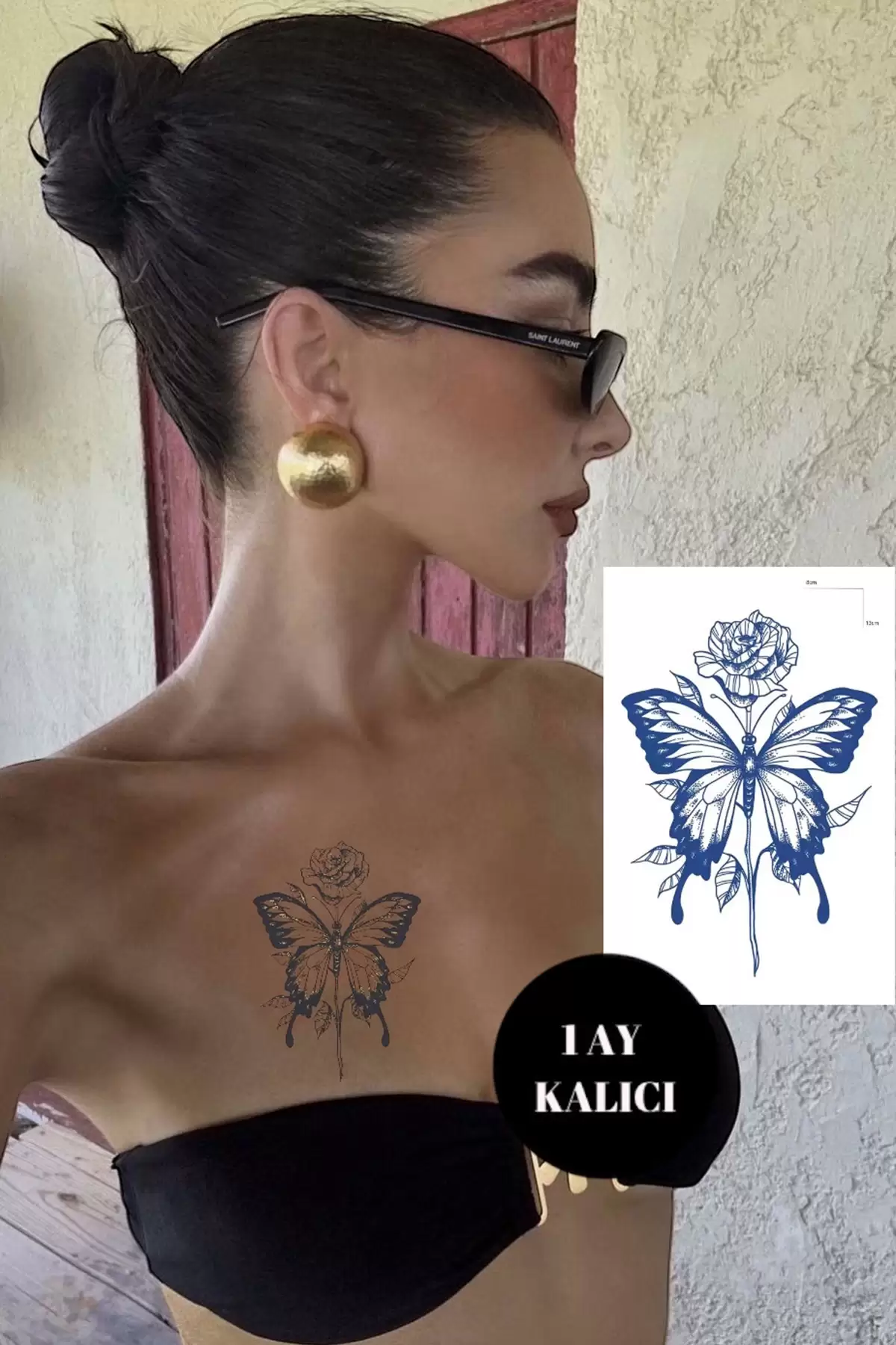 Kelebek Ve Gül Figürlü 12 Saat Sonra Kararan Geçici Dövme Tattoo