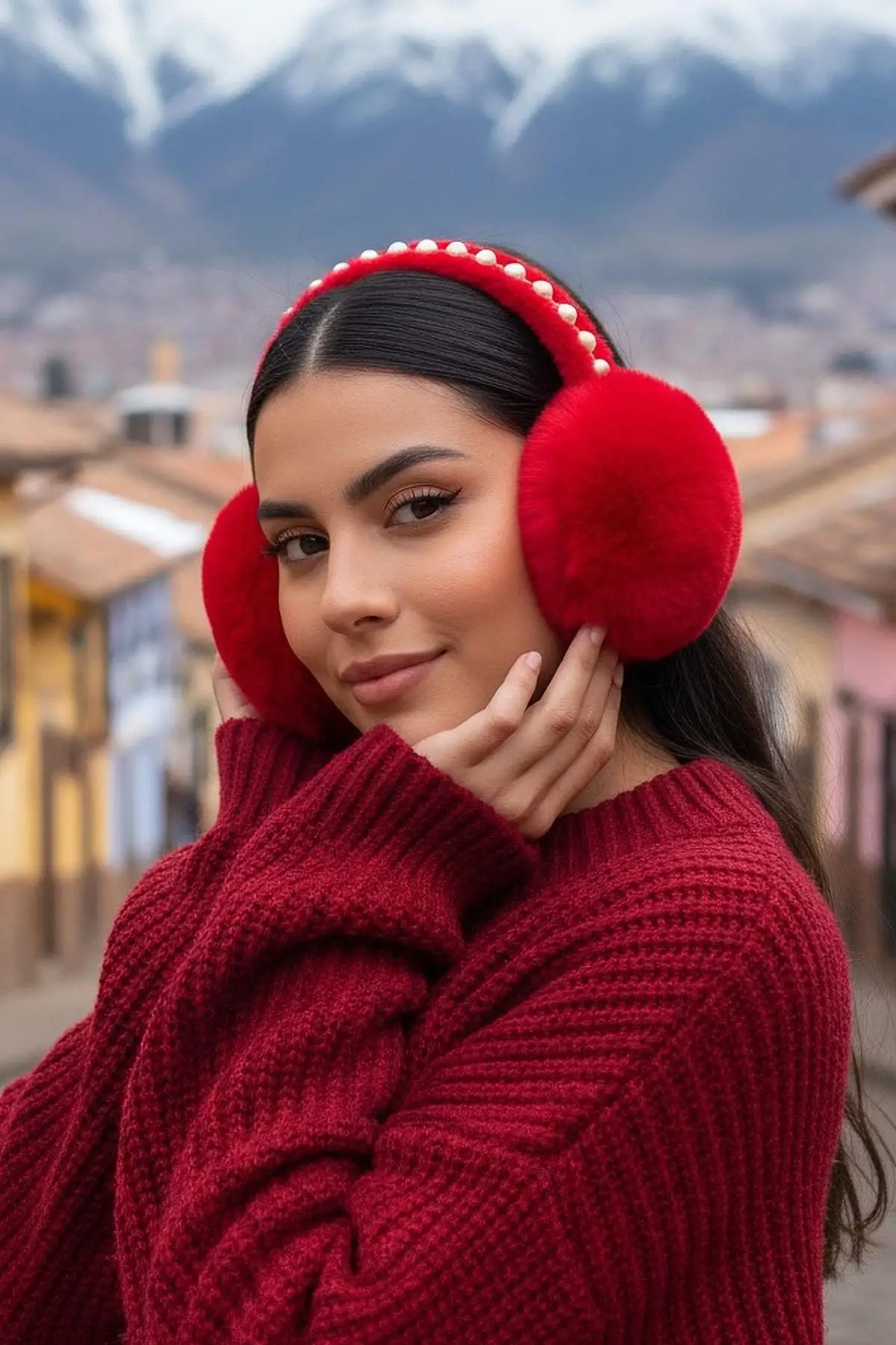 Kırmızı Renk İnci Detaylı Peluş Kulaklık