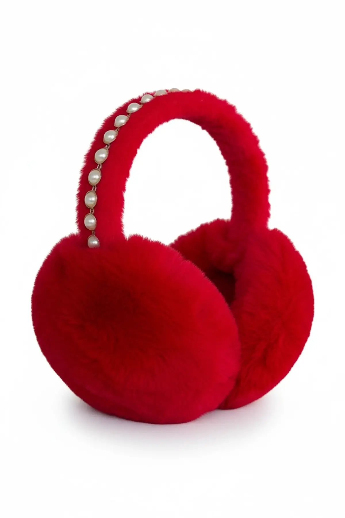 Kırmızı Renk İnci Detaylı Peluş Kulaklık