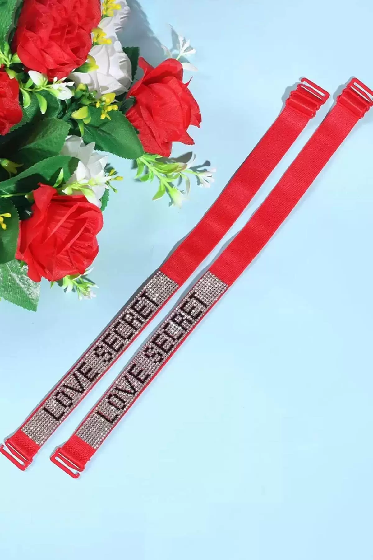 Kırmızı Renk Love Secret Yazılı Taş Detaylı Sütyen Askısı