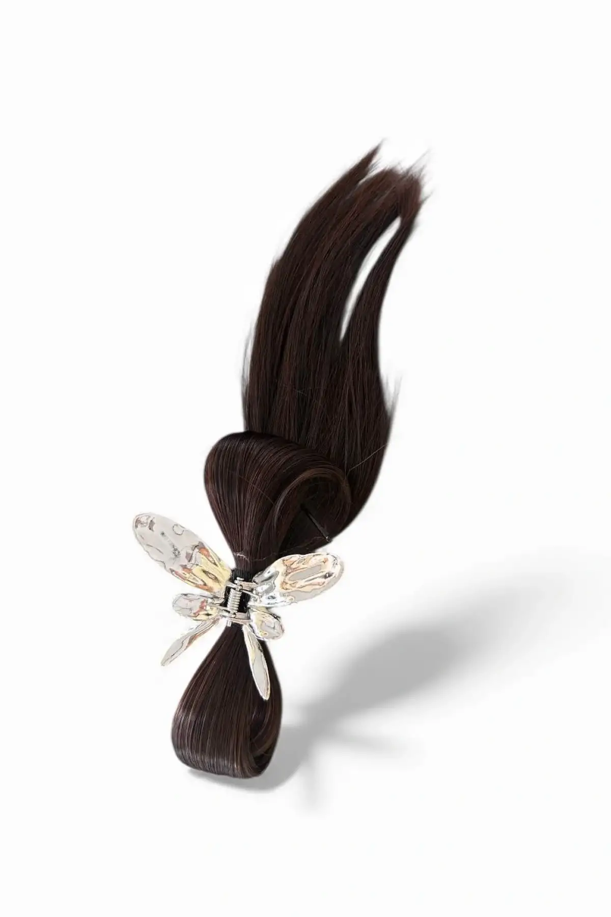 Koyu Kahve Renk Dağınık Topuz Efektli Saç Eklentisi Kelebek Figürlü Mandal Toka