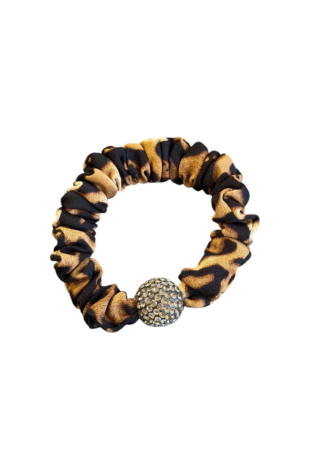 Koyu Kahverengi Leopar Detaylı Taşlı Lastik Toka