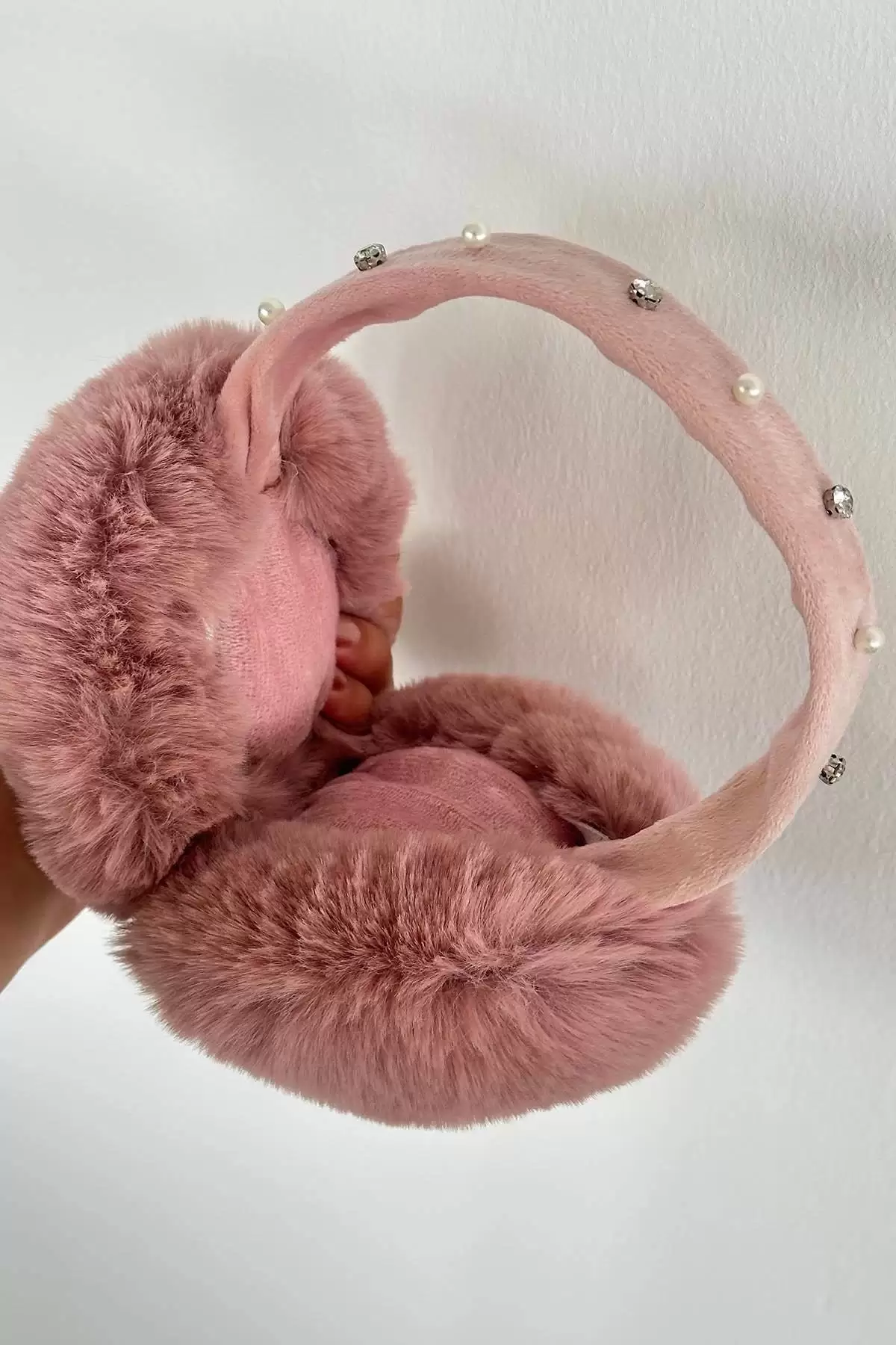 Koyu Pembe Renk Taş Detaylı Peluş Kulaklık