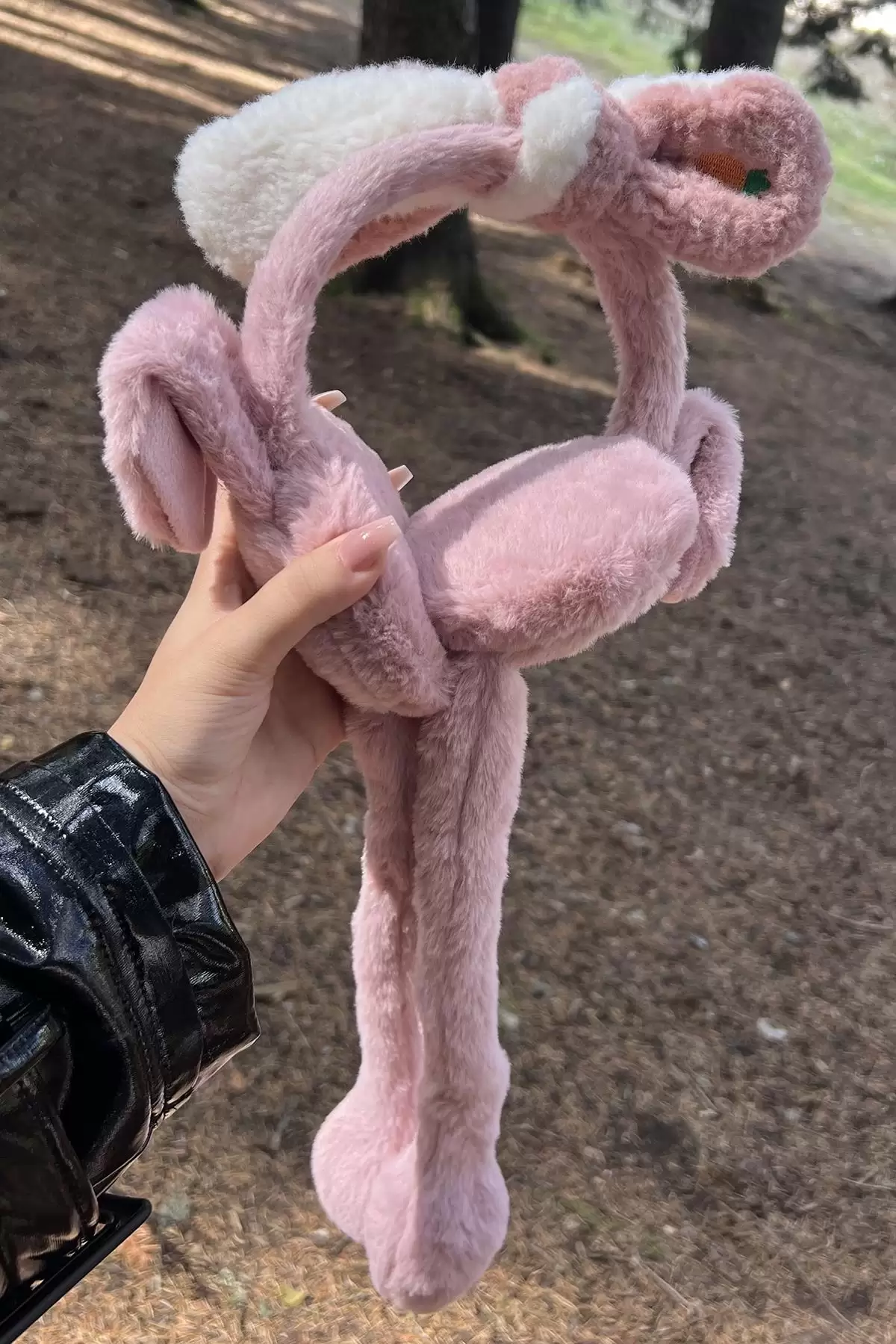 Koyu Pembe Renk Tavşan Figürlü Kulakları Oynayabilen Peluş Kulaklık