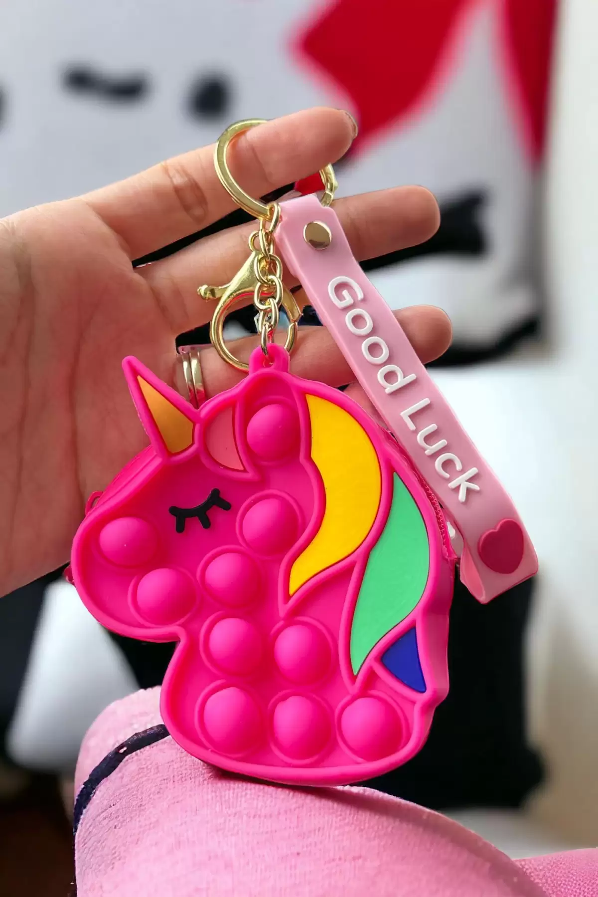 Koyu Pembe Renk Unicorn Figürlü Pop İt Anahtarlık/Cüzdan