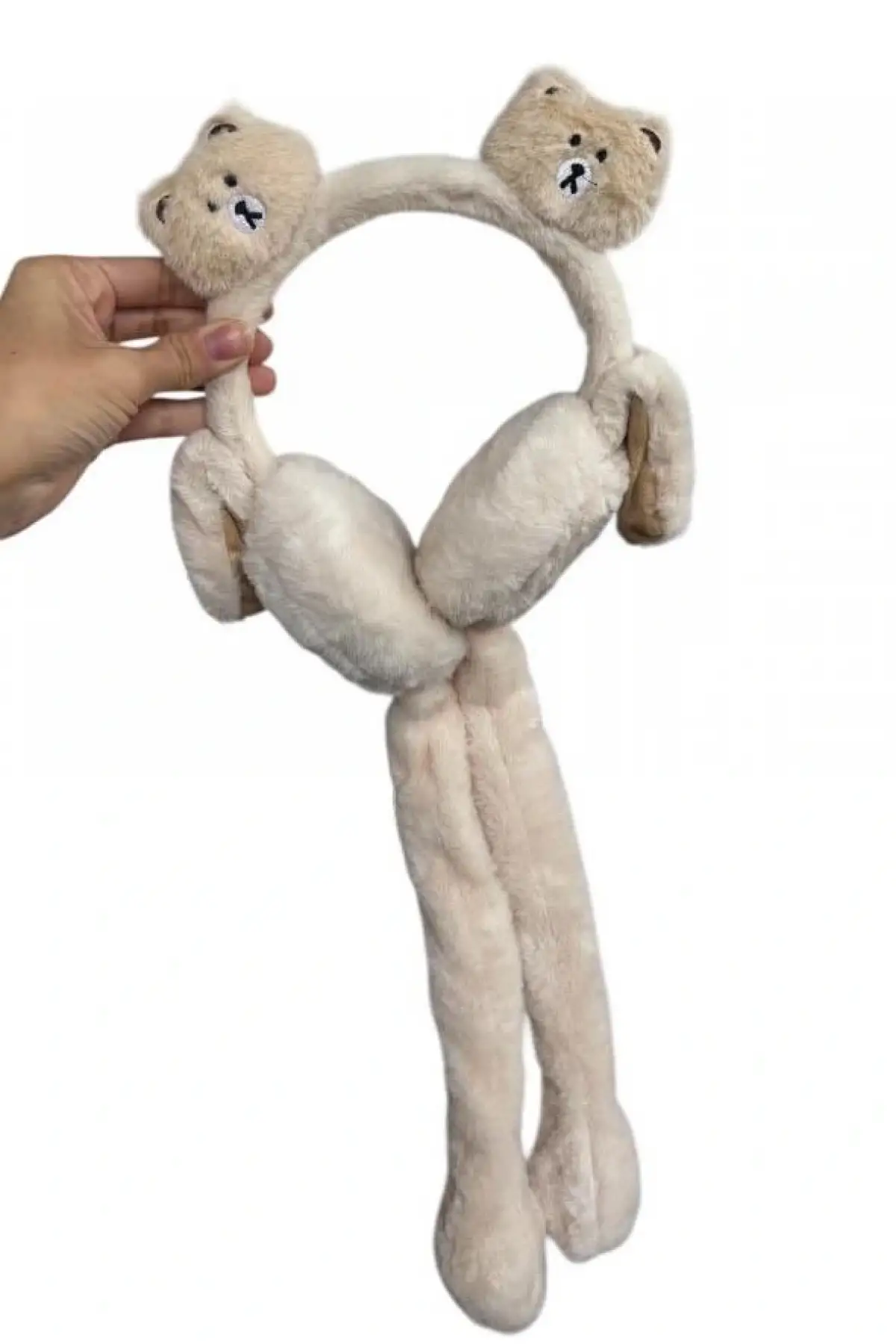 Krem Renk Ayıcık Figürlü Kulakları Oynayan Peluş Kulaklık