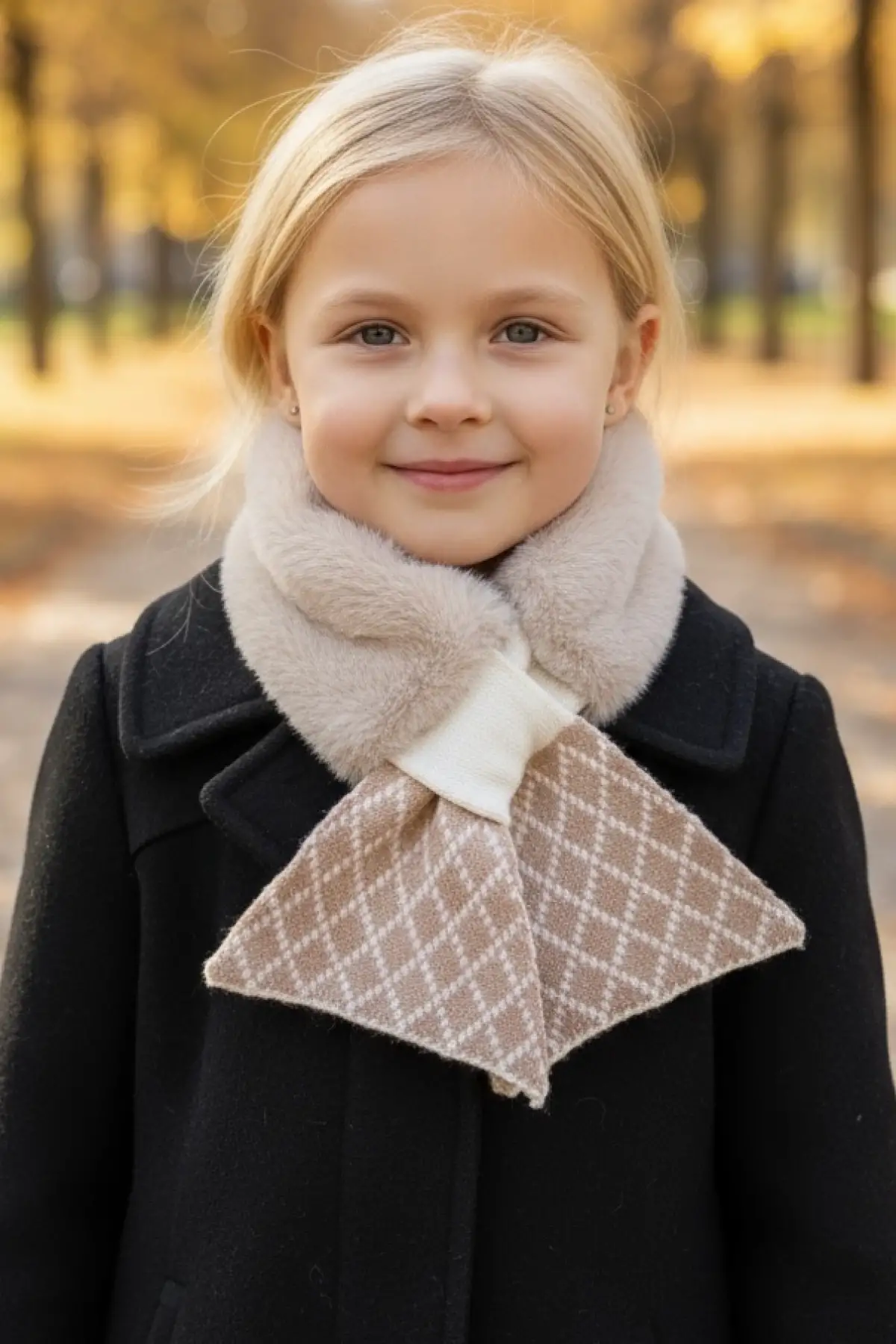 Krem Renk Çizgili Çocuk Peluş Atkı