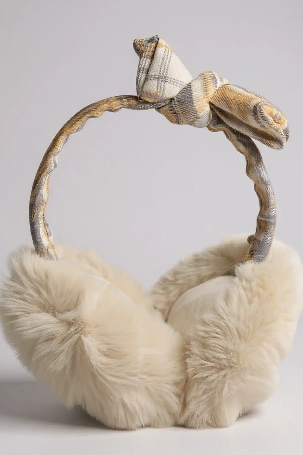 Krem Renk Ekose Desenli Peluş Kulaklık