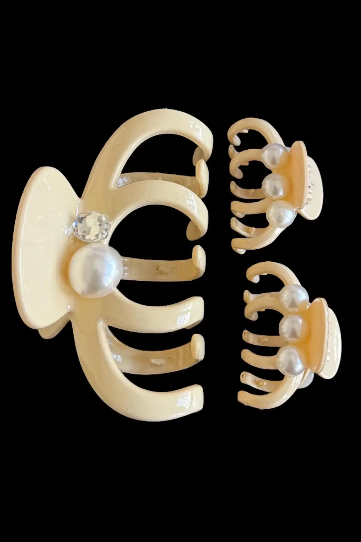 Krem Renk İnci Detaylı 3lü Kemik Mandal Toka Set