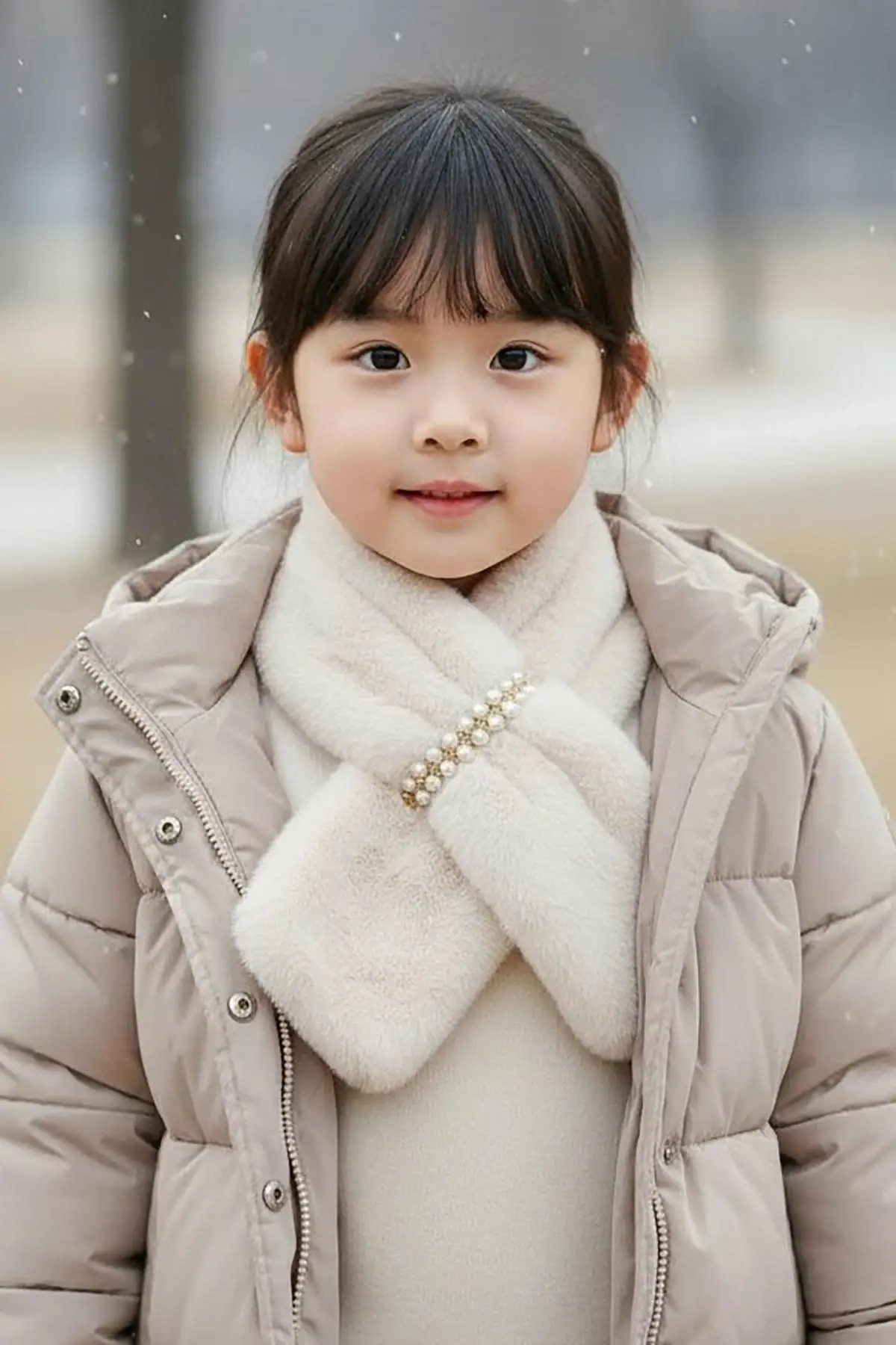 Krem Renk İnci Detaylı Çocuk Peluş Atkı