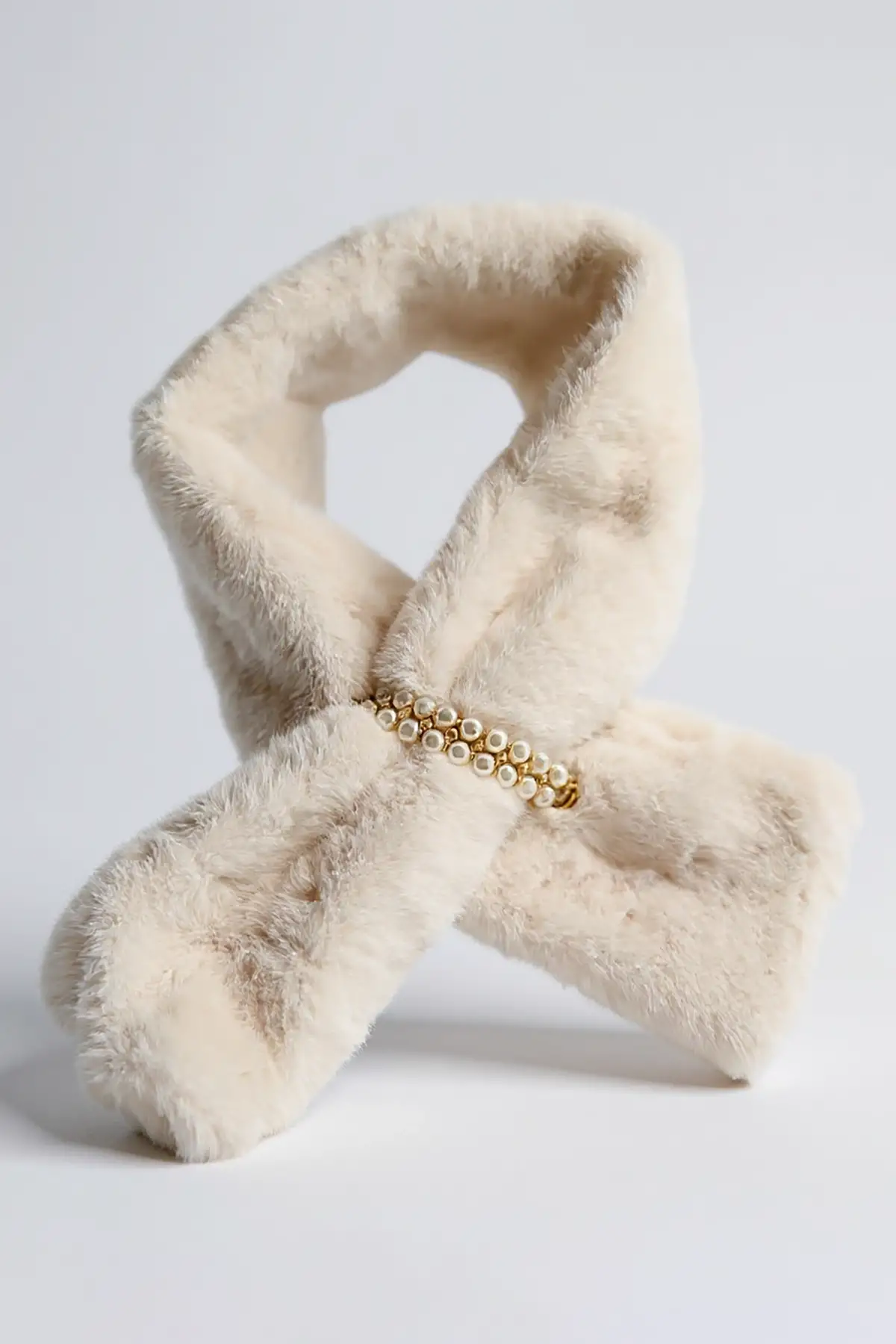 Krem Renk İnci Detaylı Çocuk Peluş Atkı