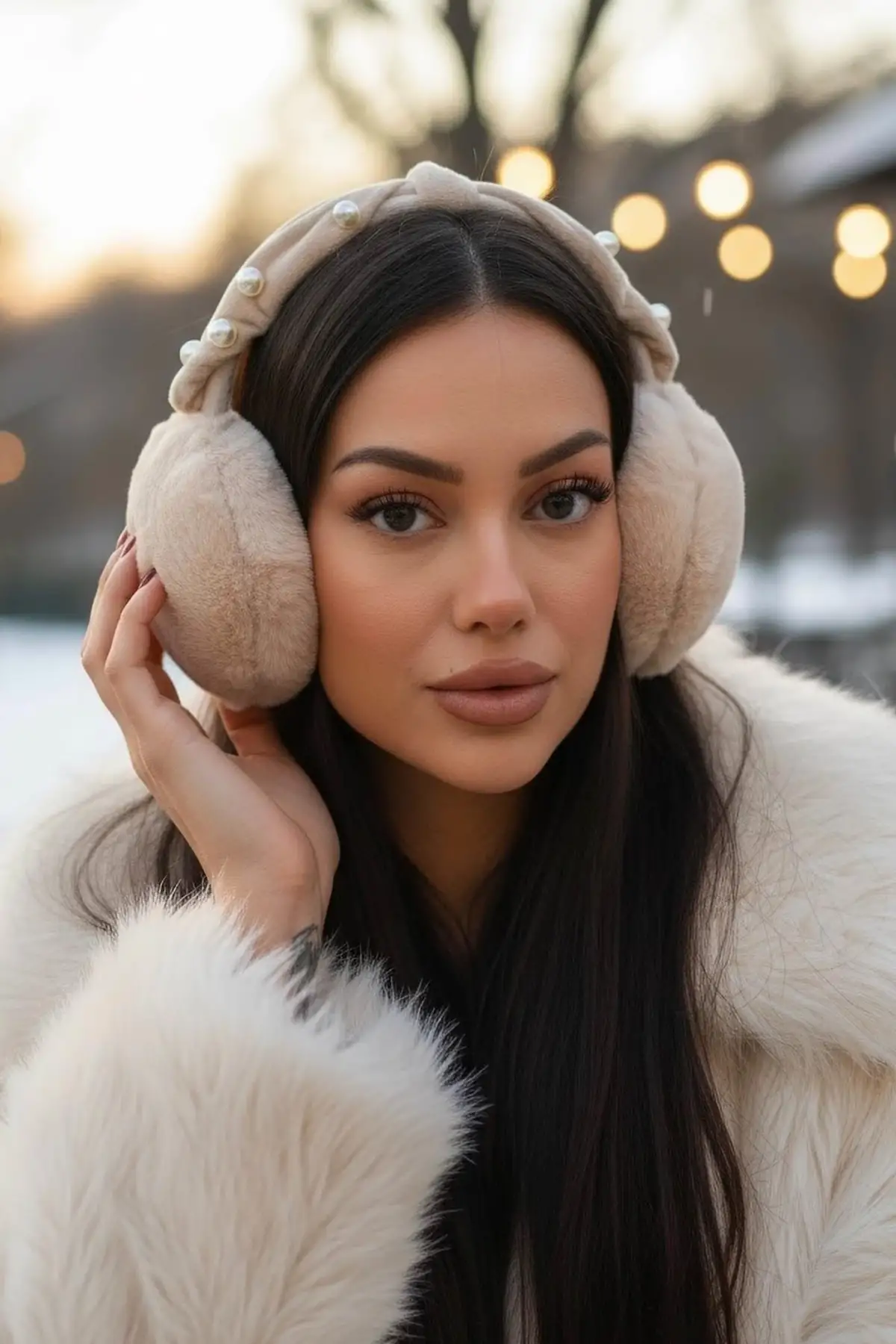 Krem Renk İnci Detaylı Peluş Kulaklık