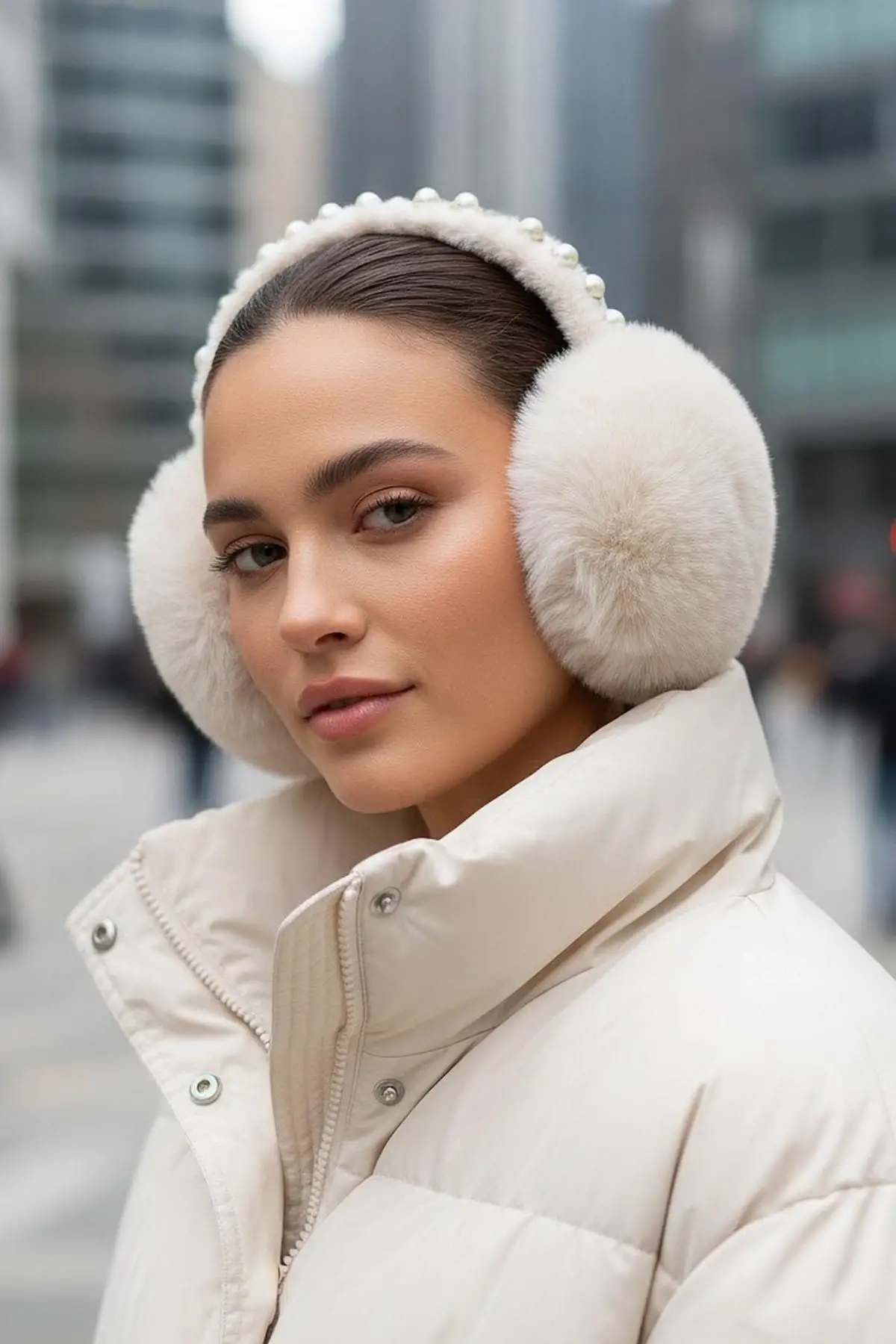 Krem Renk İnci Detaylı Peluş Kulaklık