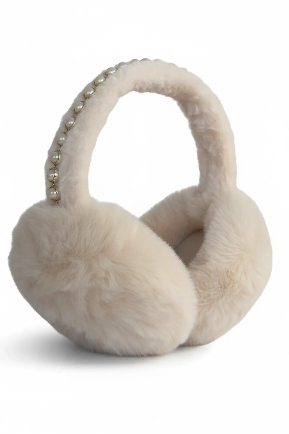 Krem Renk İnci Detaylı Peluş Kulaklık