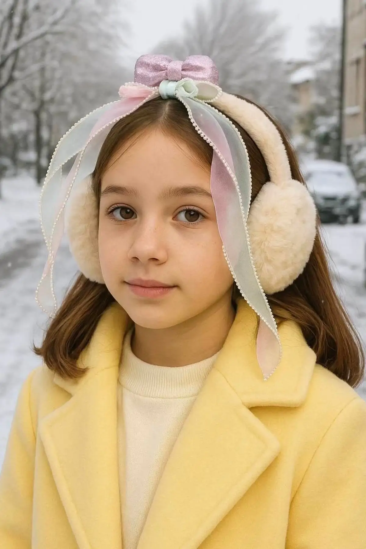 Krem Renk Kurdele Figürlü Peluş Kulaklık