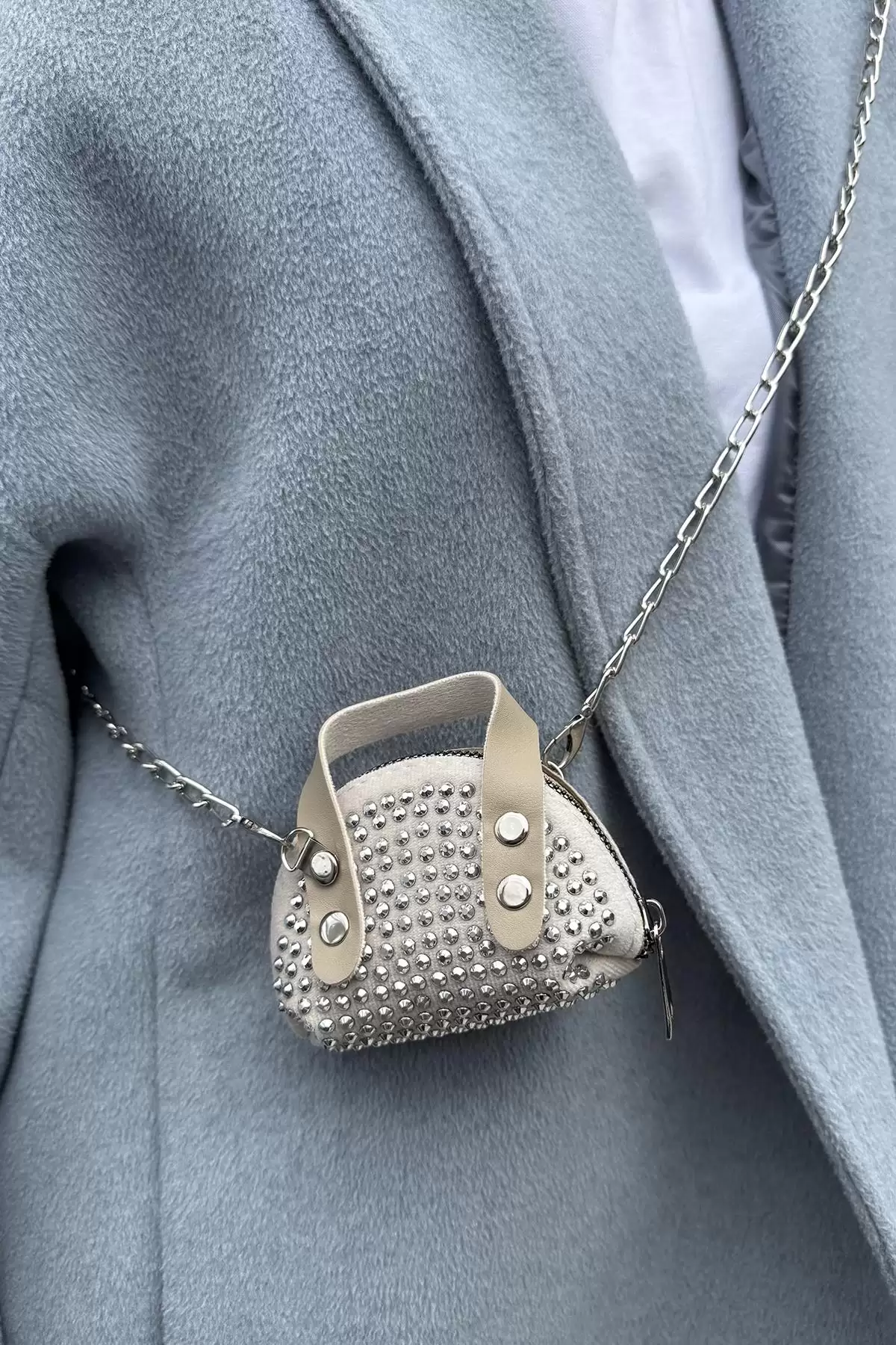 Krem Renk Taş Detaylı Mini Boy Kadın Süet Çanta