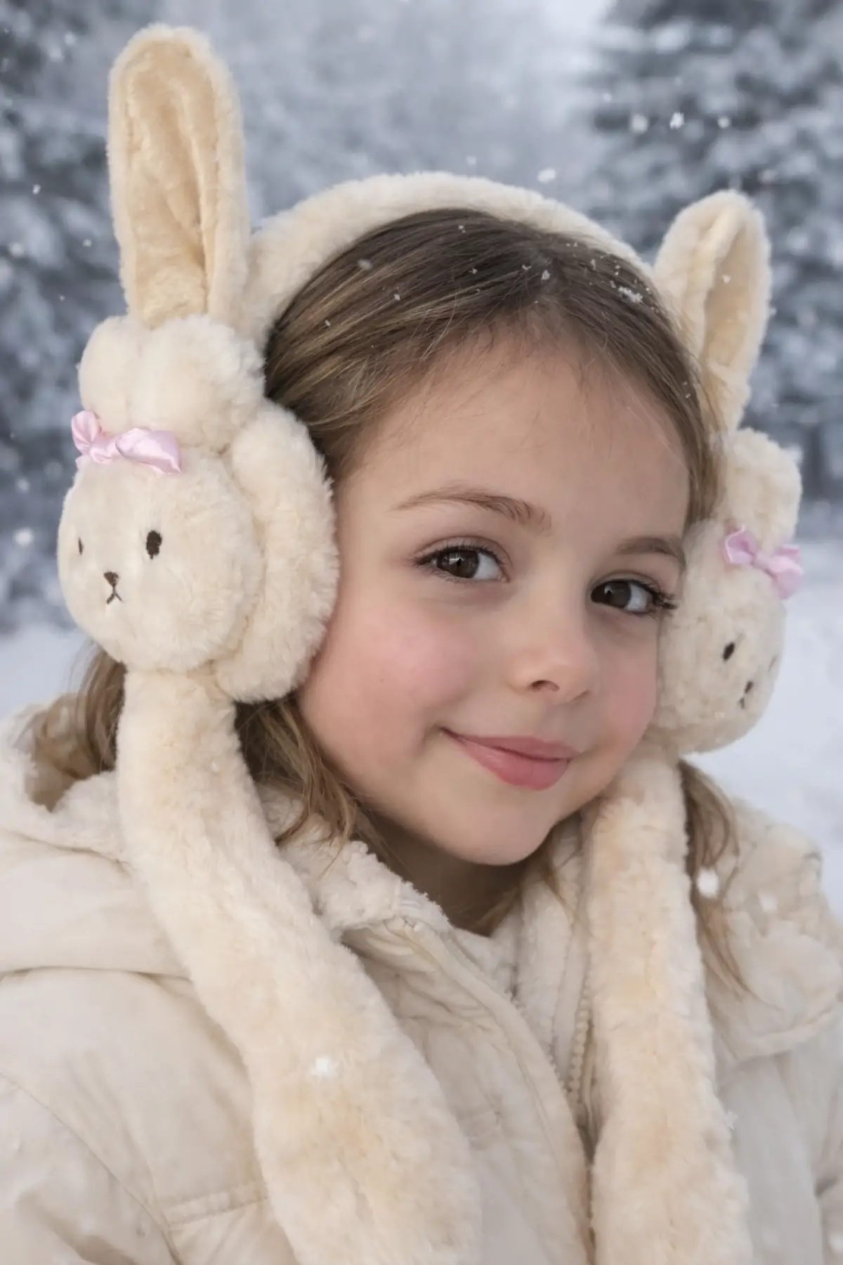 Krem Renk Tavşan Figürlü Kulakları Oynayan Peluş Kulaklık