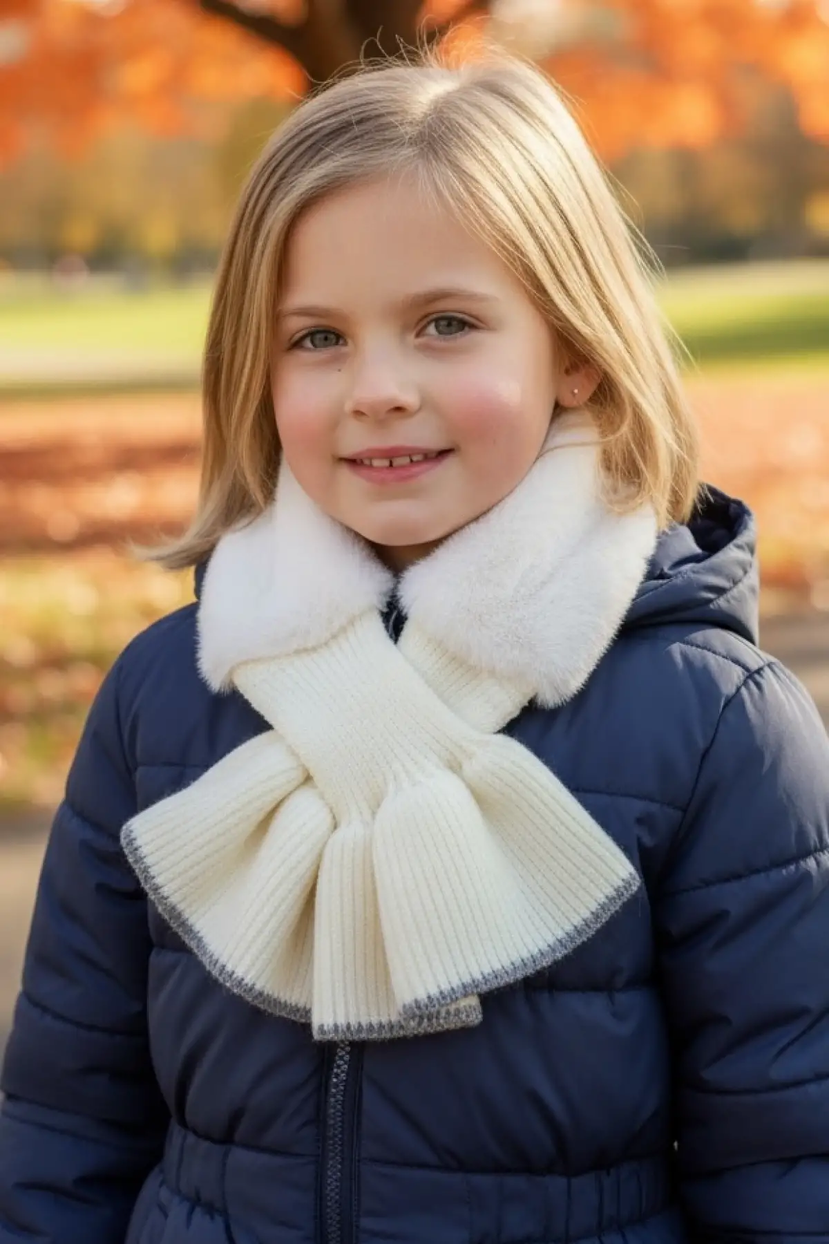 Krem Ve Gri Renk Çocuk Peluş Atkı