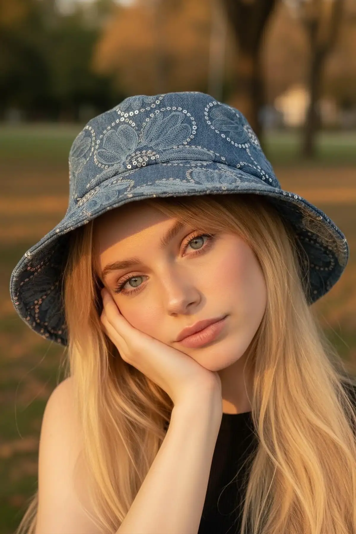 Lacivert Renk Çiçek Figürlü Tasarım Şapka