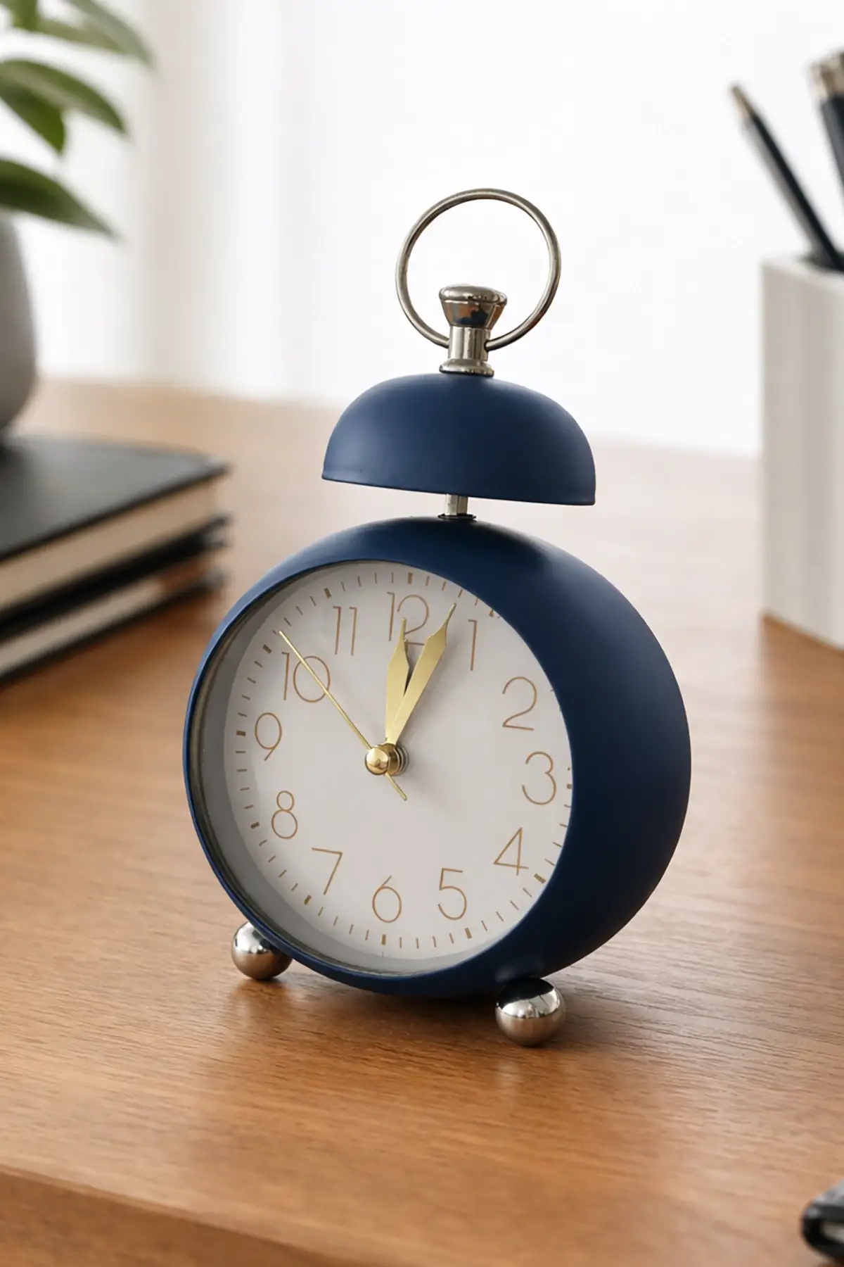 Lacivert Renk Mini Dekoratif Işıklı Alarmlı Yuvarlak Masa Saati