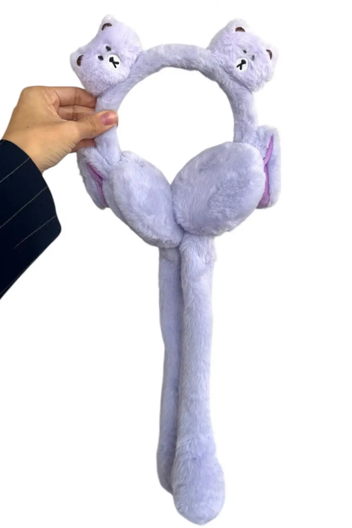 Lila Renk Ayıcık Figürlü Kulakları Oynayan Peluş Kulaklık