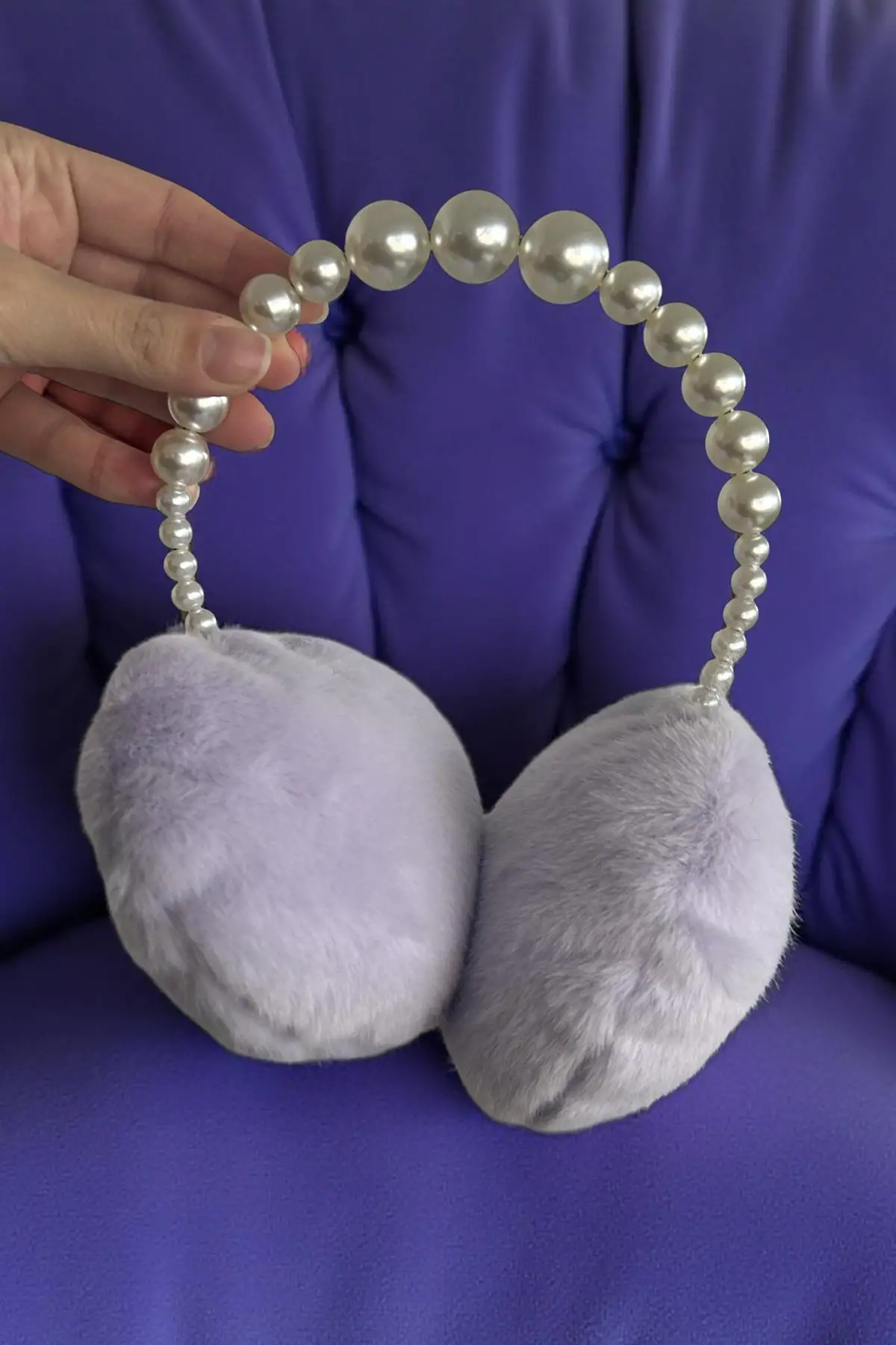 Lila Renk İnci Detaylı Peluş Kulaklık