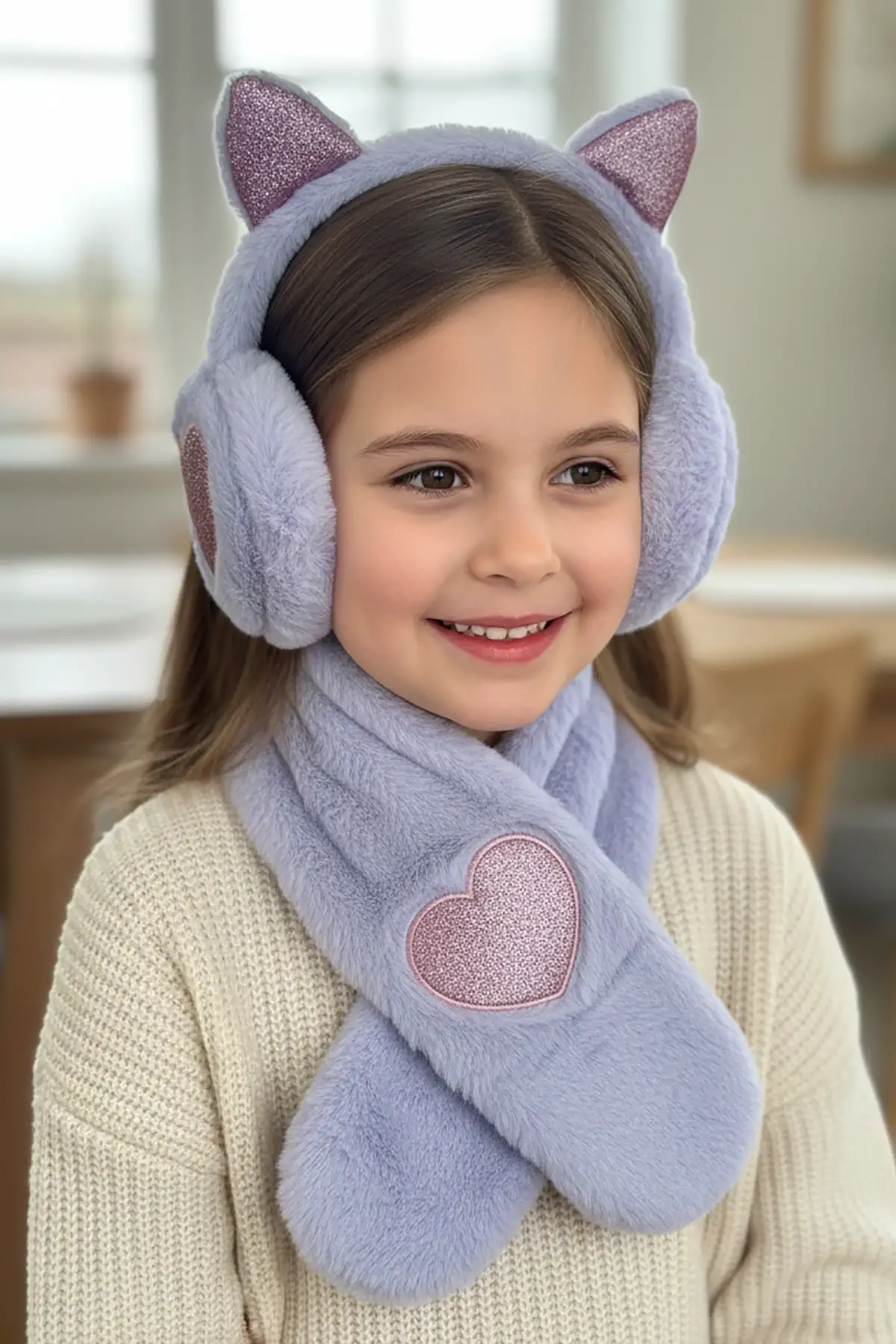 Lila Renk Kalp Detaylı Peluş Atkı Ve Kulaklık Set