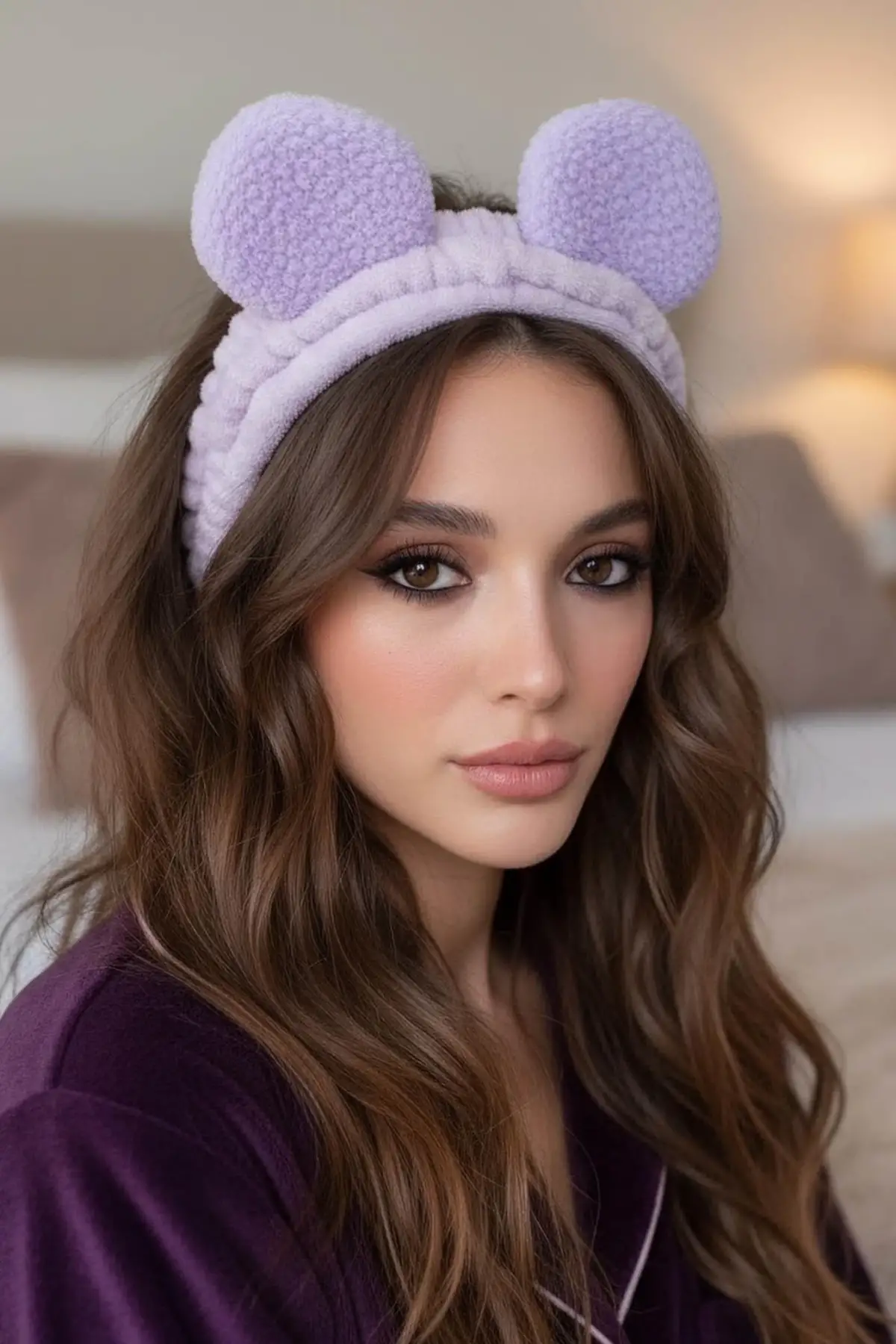 Lila Renk Kulak Detaylı Peluş Saç Bandı